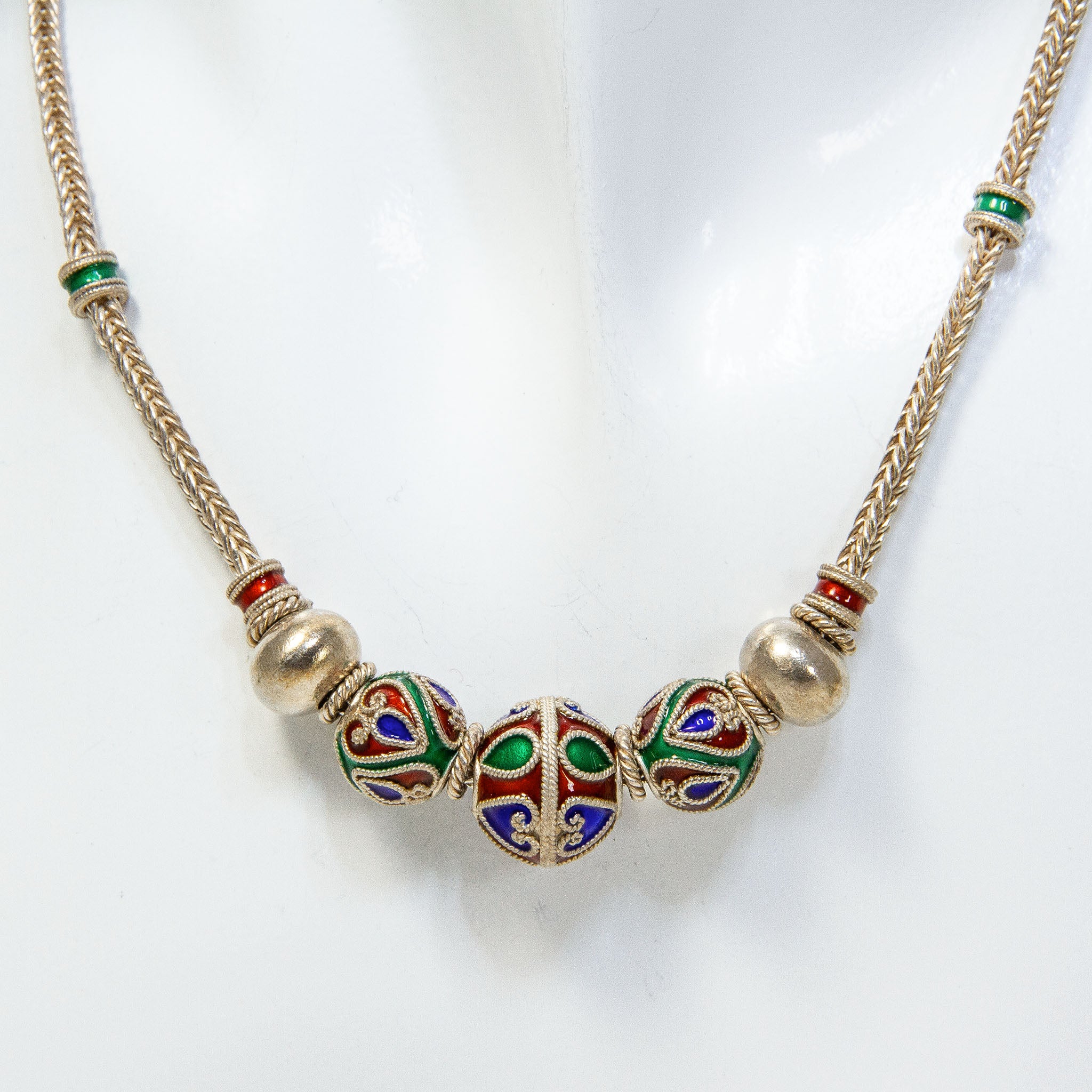 Cloisonné Enamel Sphere Bead Necklace - 18" Woven Silver Chain