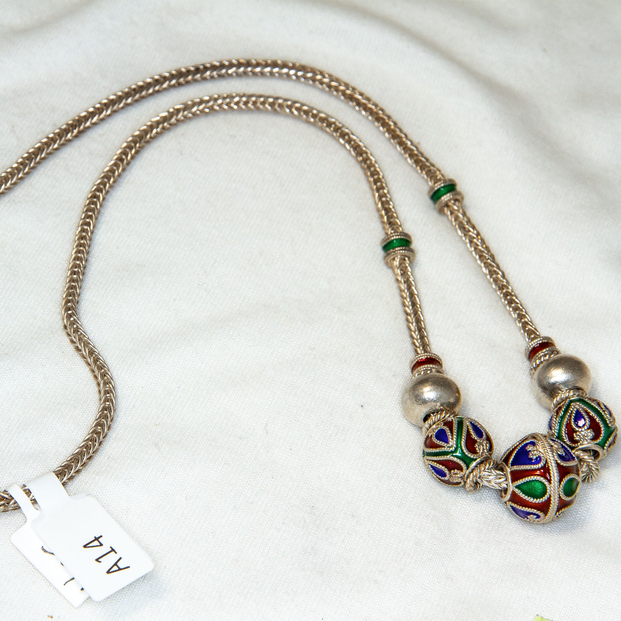Cloisonné Enamel Sphere Bead Necklace - 18" Woven Silver Chain