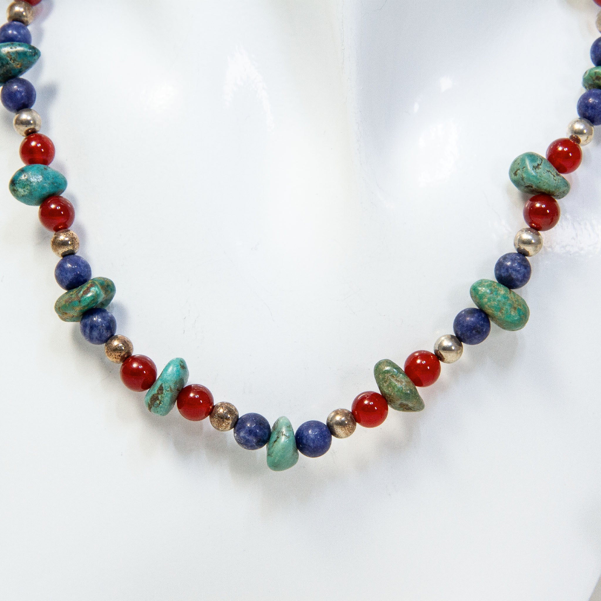 15" Turquoise & Carnelian Beaded Choker Necklace with Silver Accents Main image