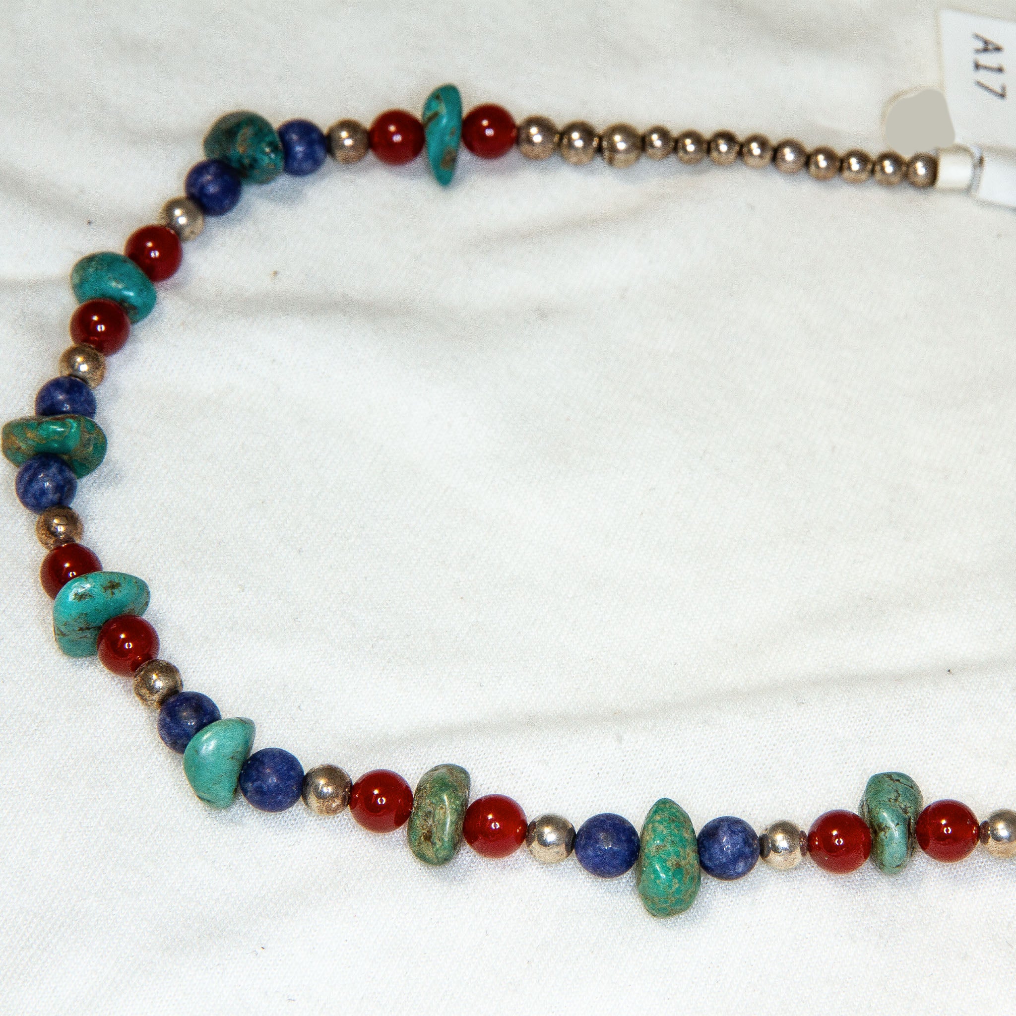 15" Turquoise & Carnelian Beaded Choker Necklace with Silver Accents