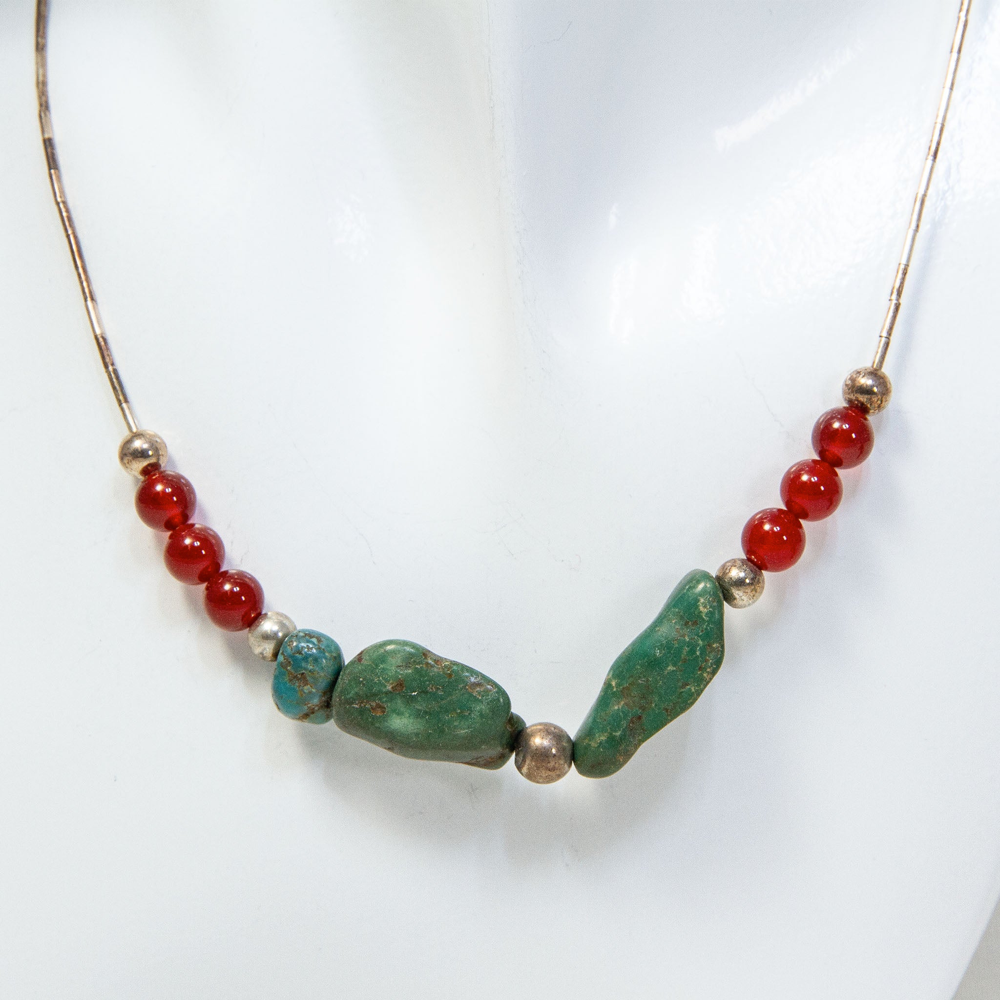20" Liquid Silver, Turquoise & Carnelian Beaded Necklace