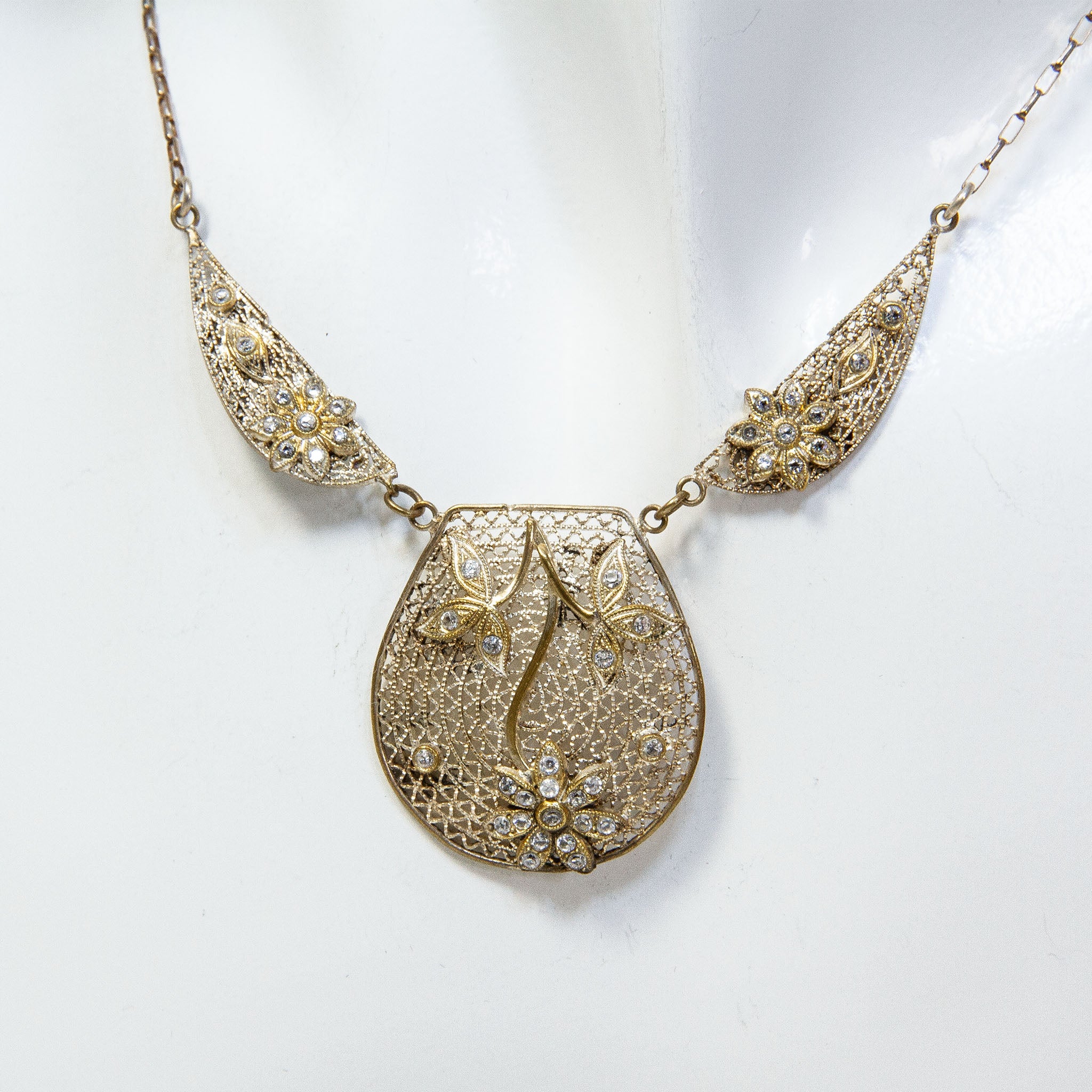 15" Filigree Sterling Silver Cubic Zirconia Statement Necklace