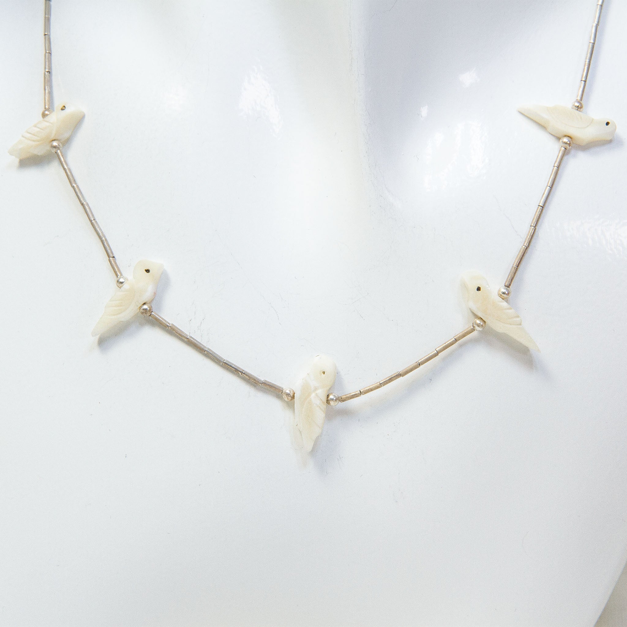 16" Liquid Silver & Carved Bird Bead Necklace