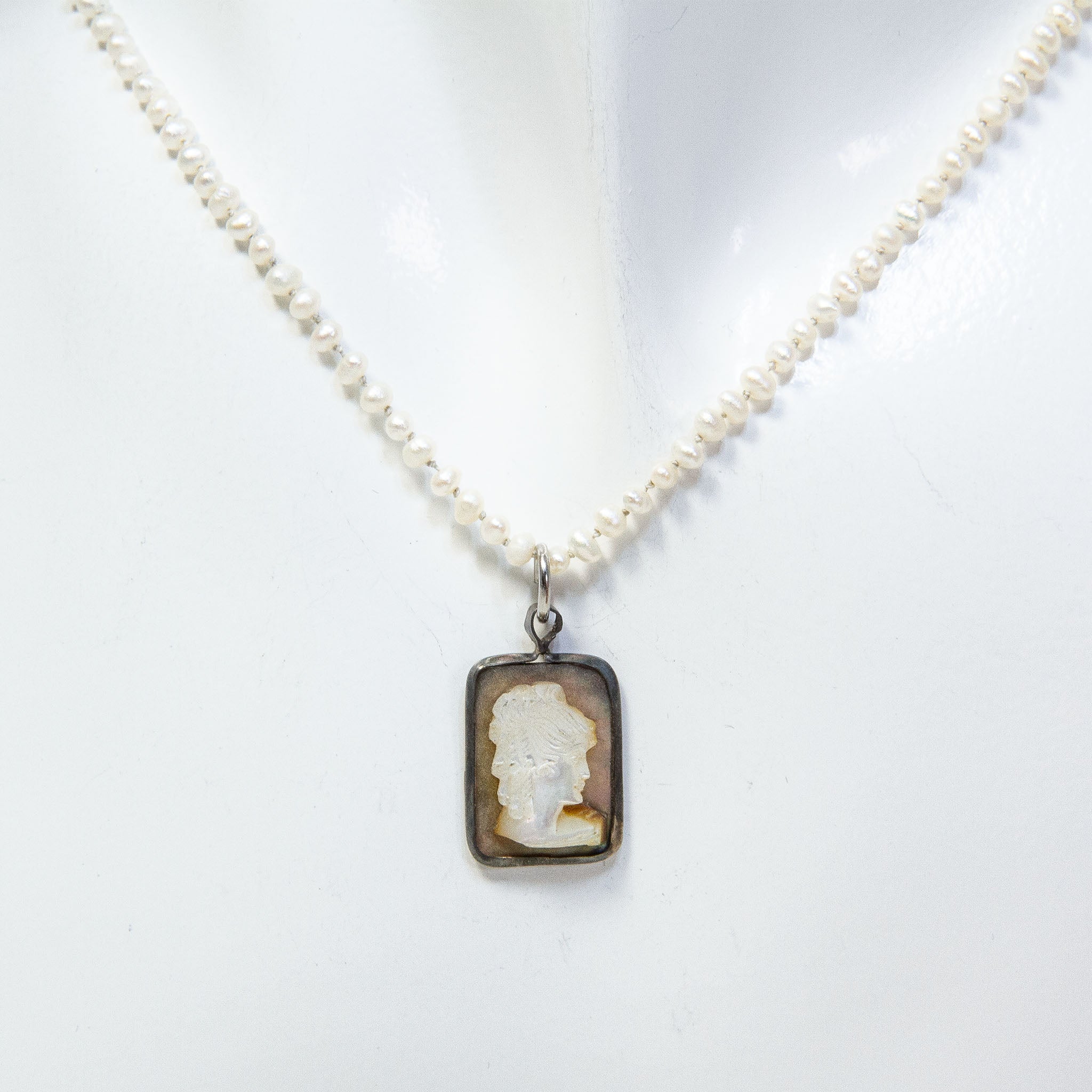 21" Hand-Knotted Seed Pearl Necklace with Cameo Pendant Main image