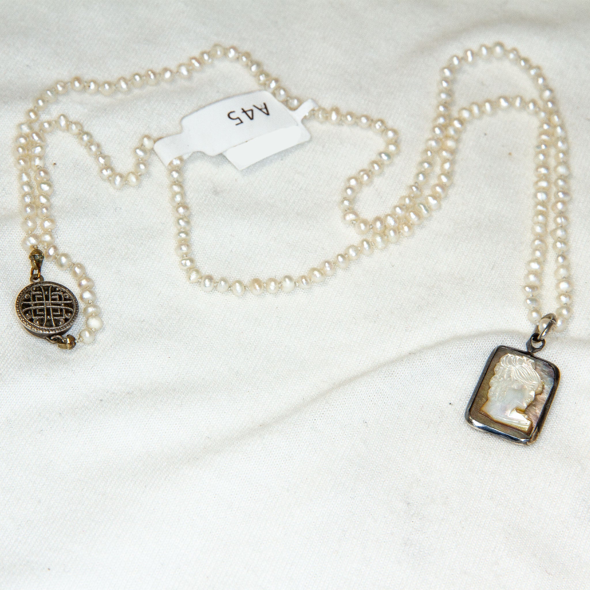 21" Hand-Knotted Seed Pearl Necklace with Cameo Pendant