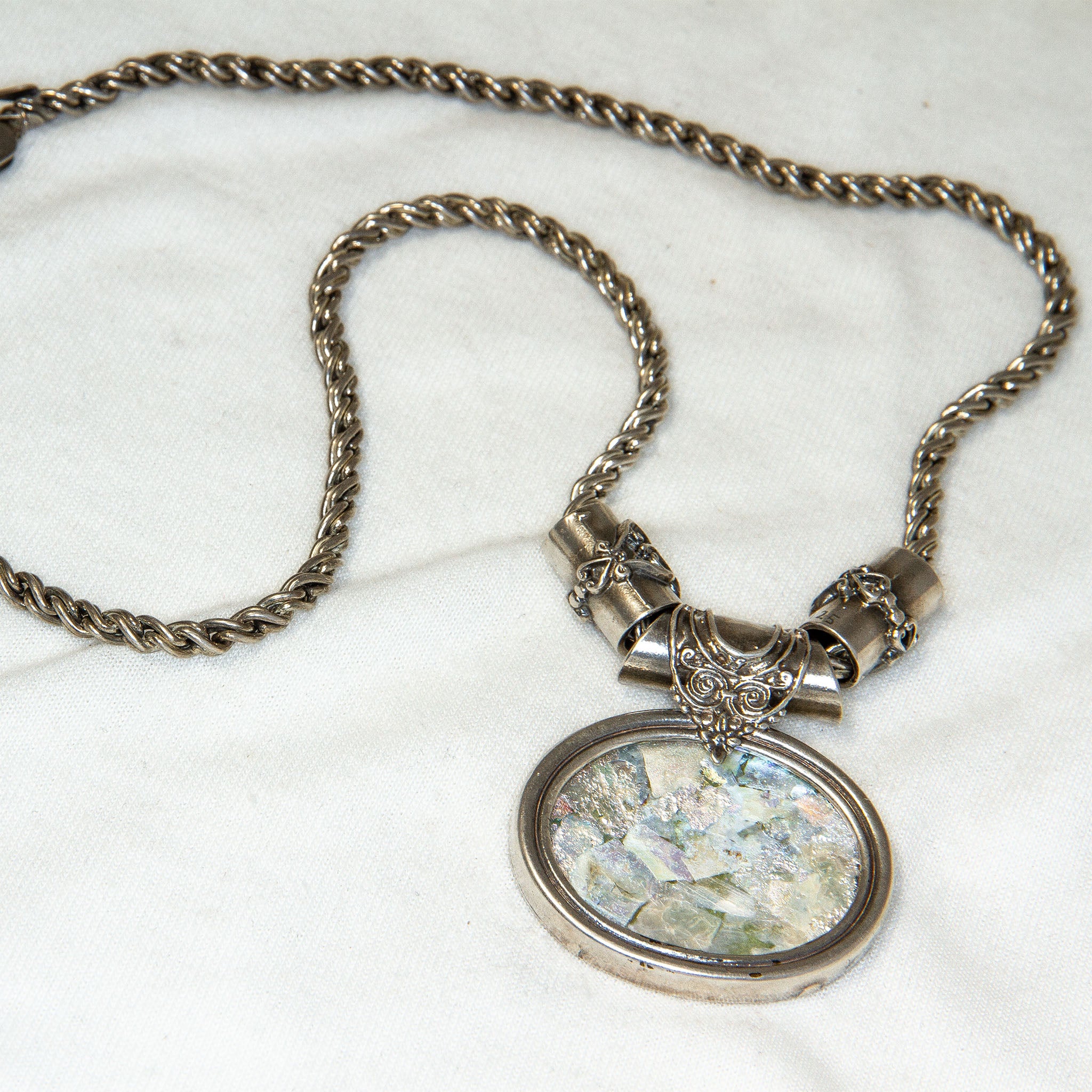Sterling Silver Roman Glass Pendant Necklace - 18"