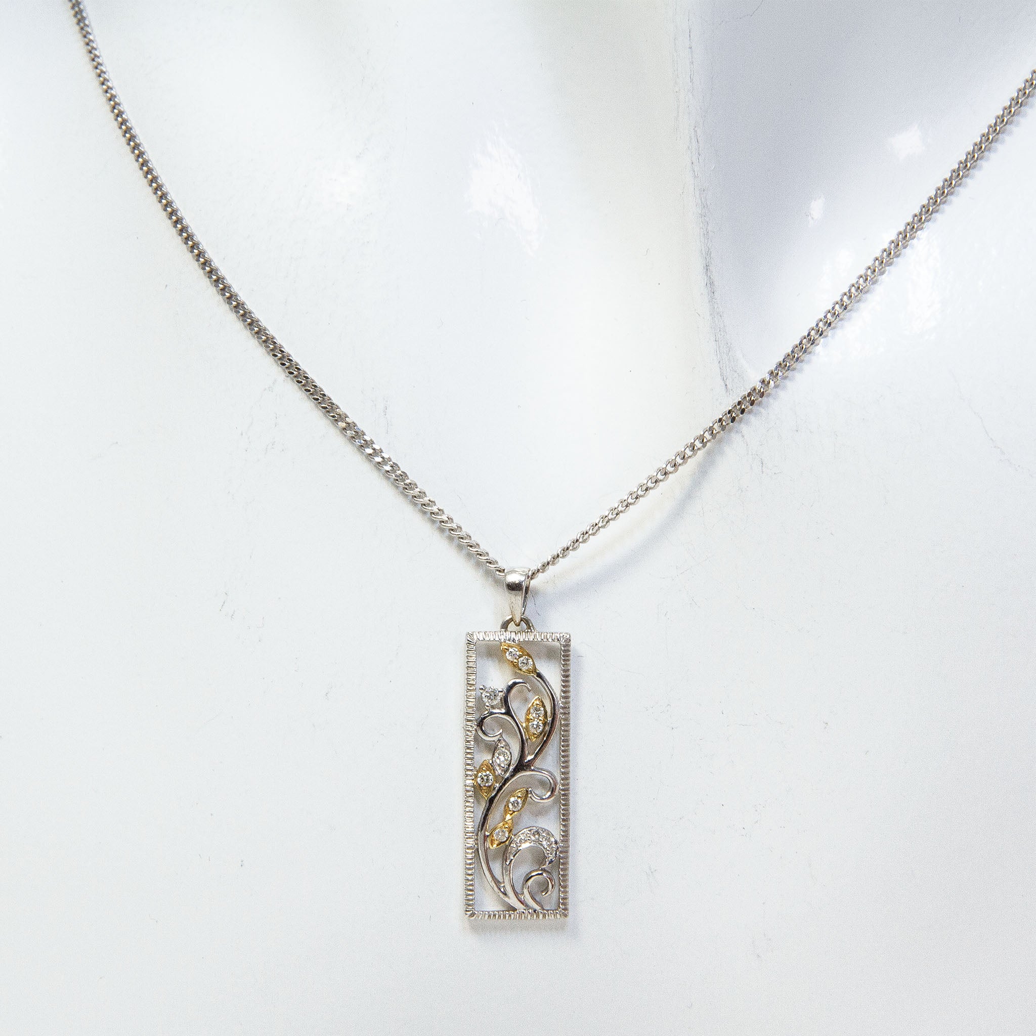 10k White Gold Two-Tone Diamond Vine Pendant Necklace - 19"