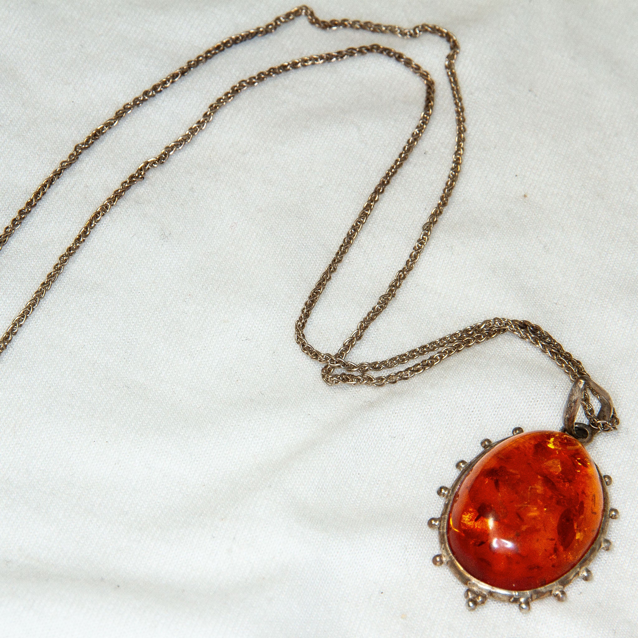 925 Sterling Silver Golden-Yellow Amber Cabochon Pendant Necklace - 22"
