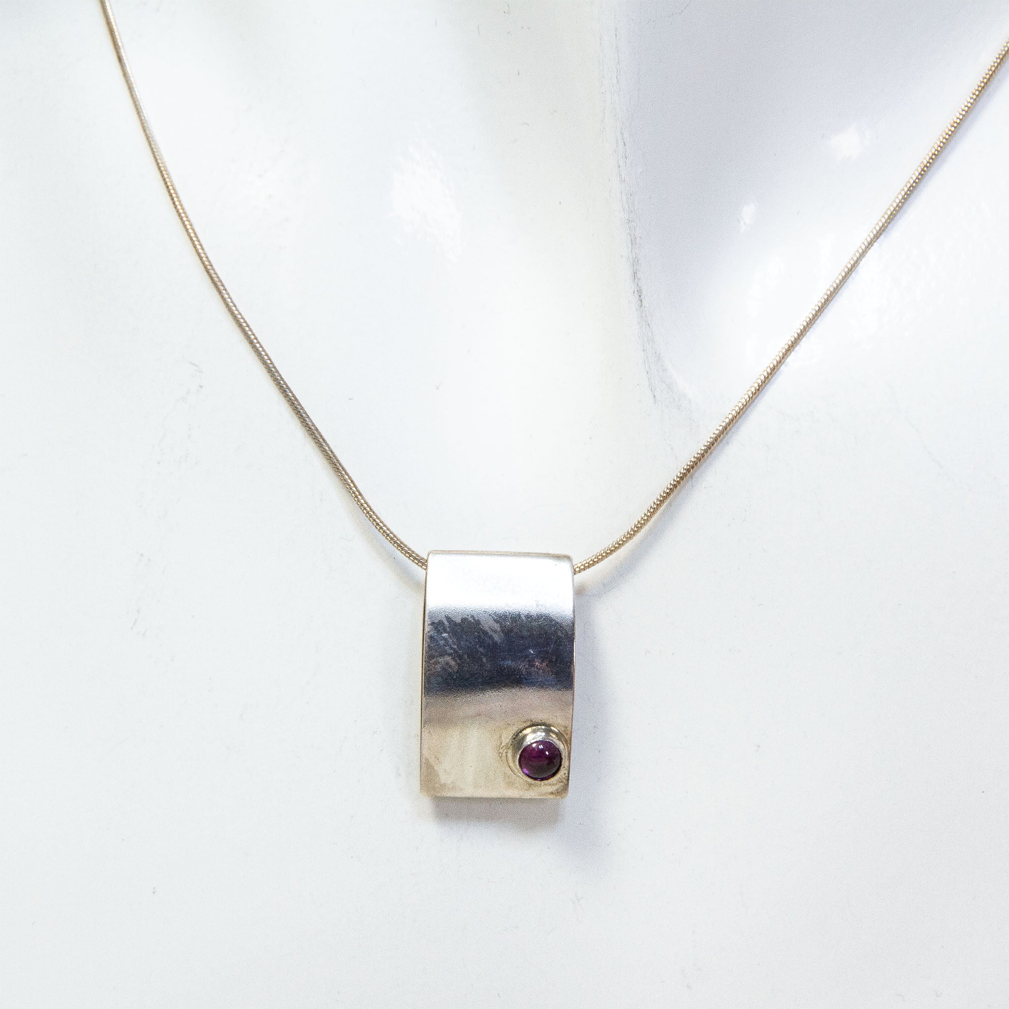 Sterling Silver Modernist Amethyst Cabochon Pendant - 20"