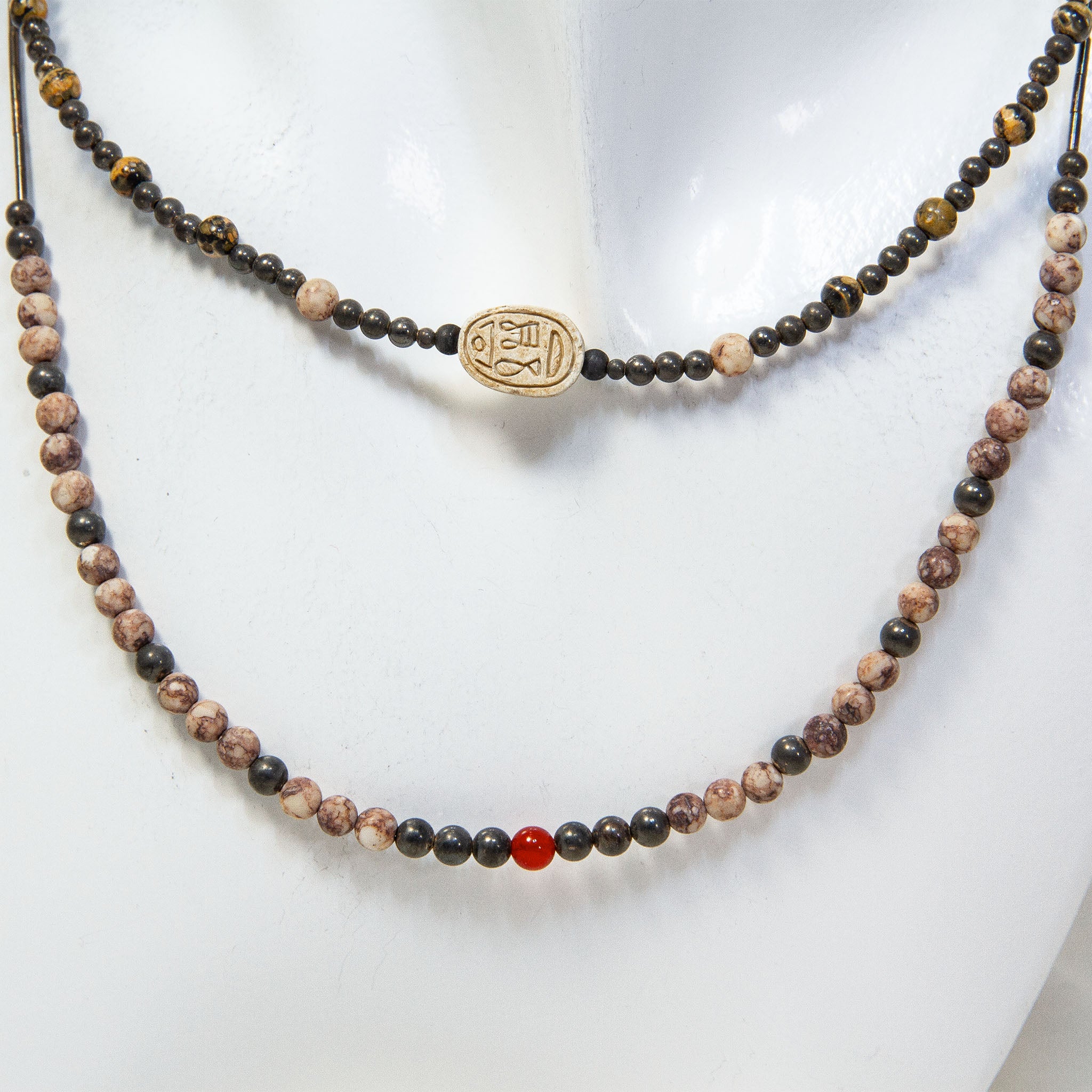 15" & 17" Double Strand Genuine Scarab Choker with Fossil & Silver Beads Main image