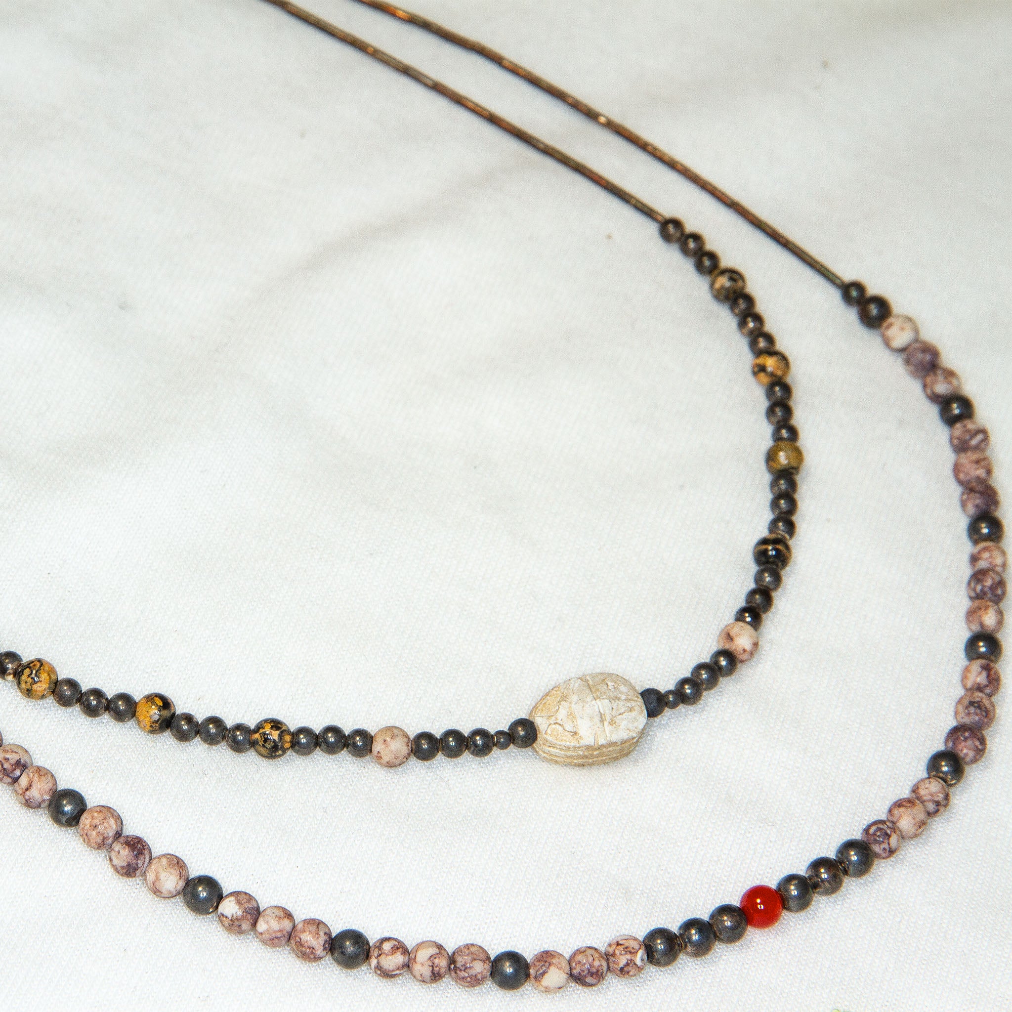 15" & 17" Double Strand Genuine Scarab Choker with Fossil & Silver Beads Secondary image