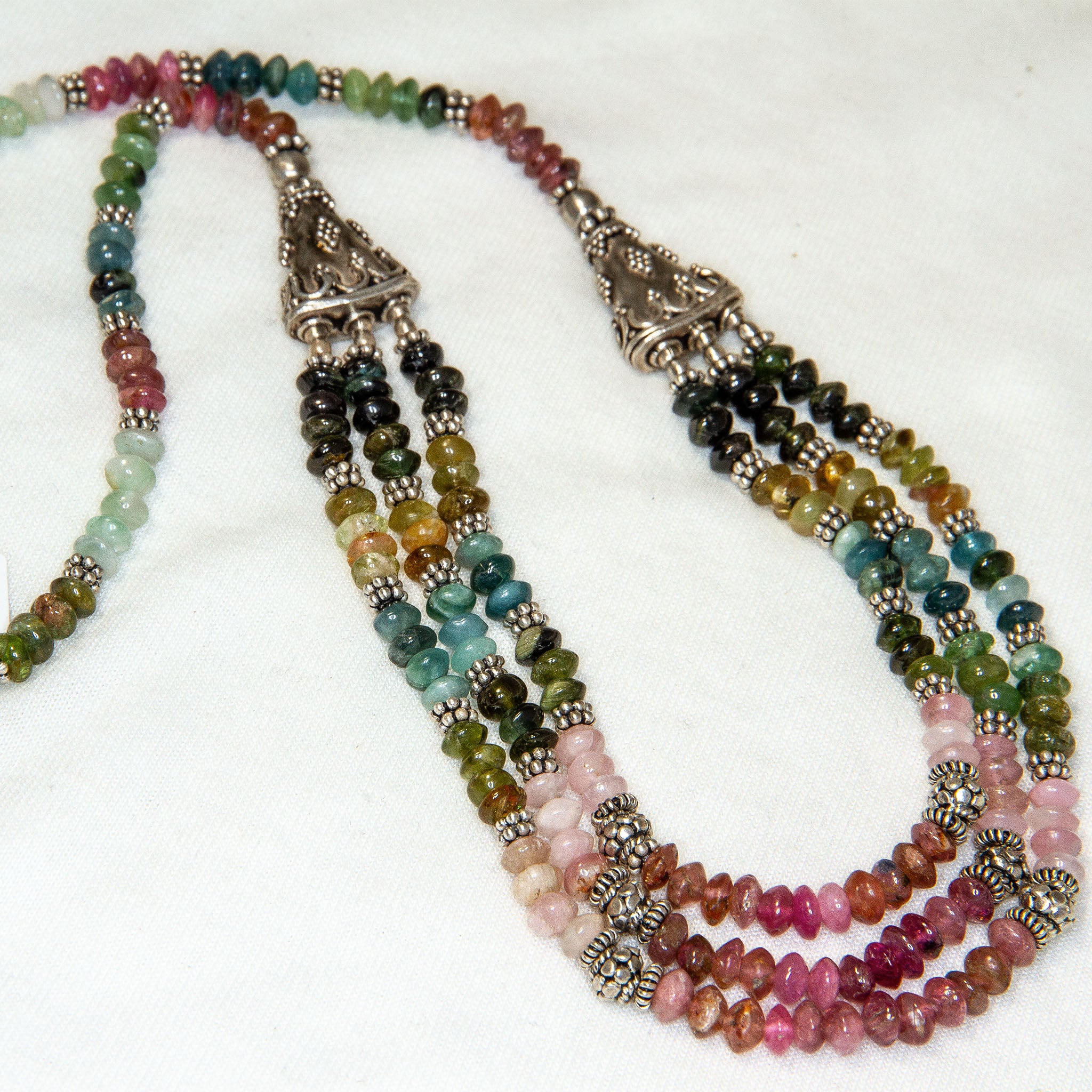 18" Multi-Color Tourmaline Beaded 3-Strand Statement Necklace