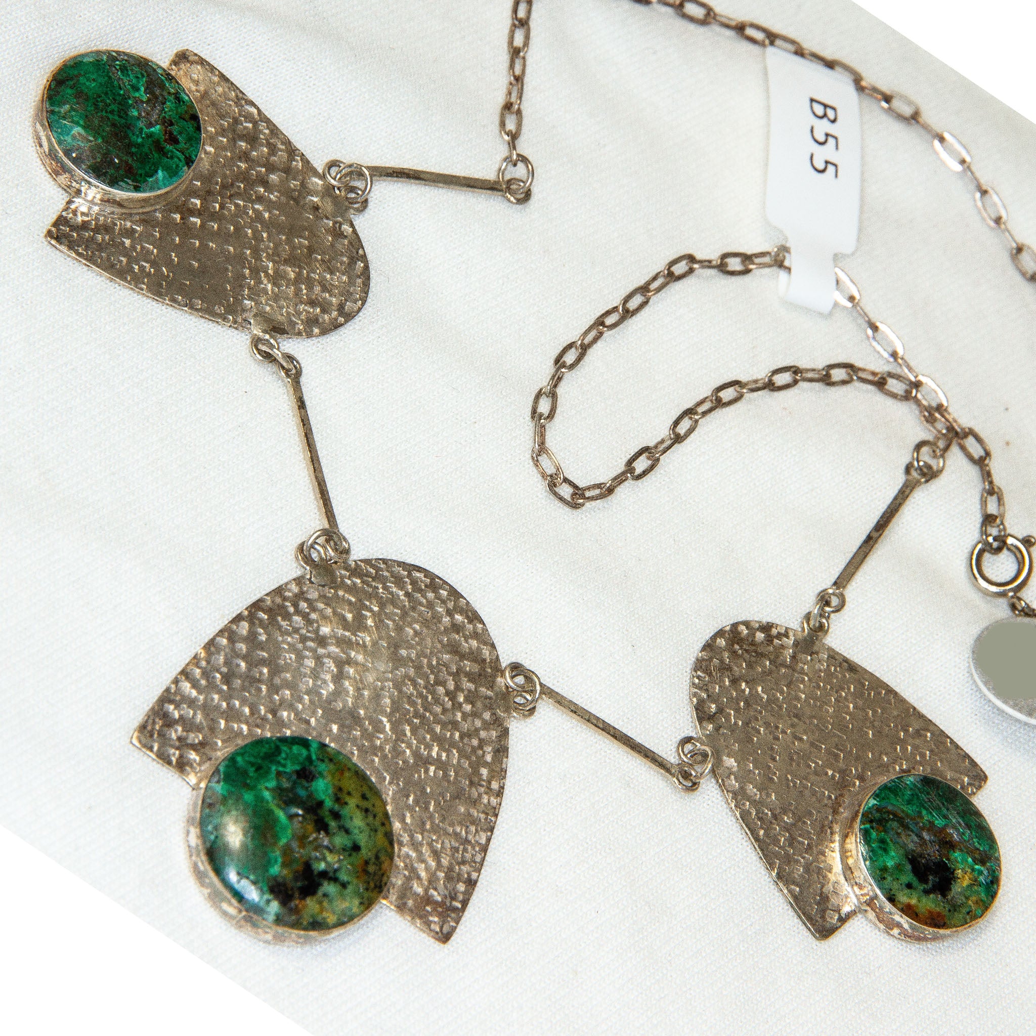 Artisan Silver Textured 3-Panel Malachite Statement Necklace Secondary image