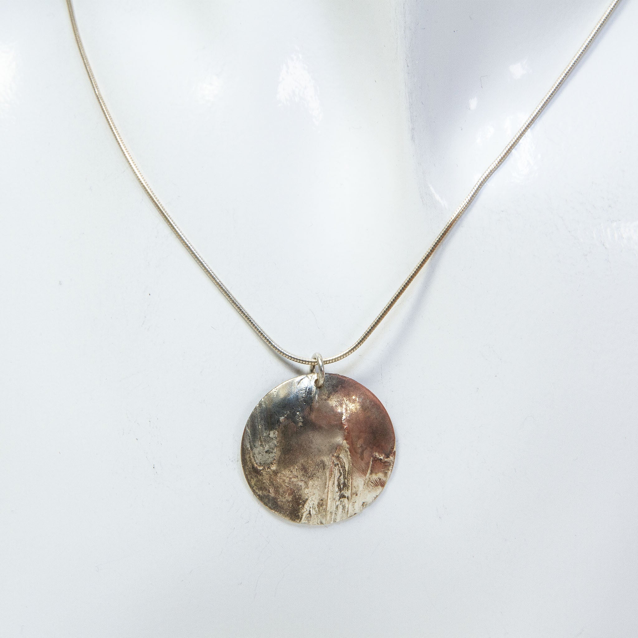 Artisan Mokume Gane Mixed Metal Disc Pendant Necklace - 925 Silver & Copper, 18" Main image