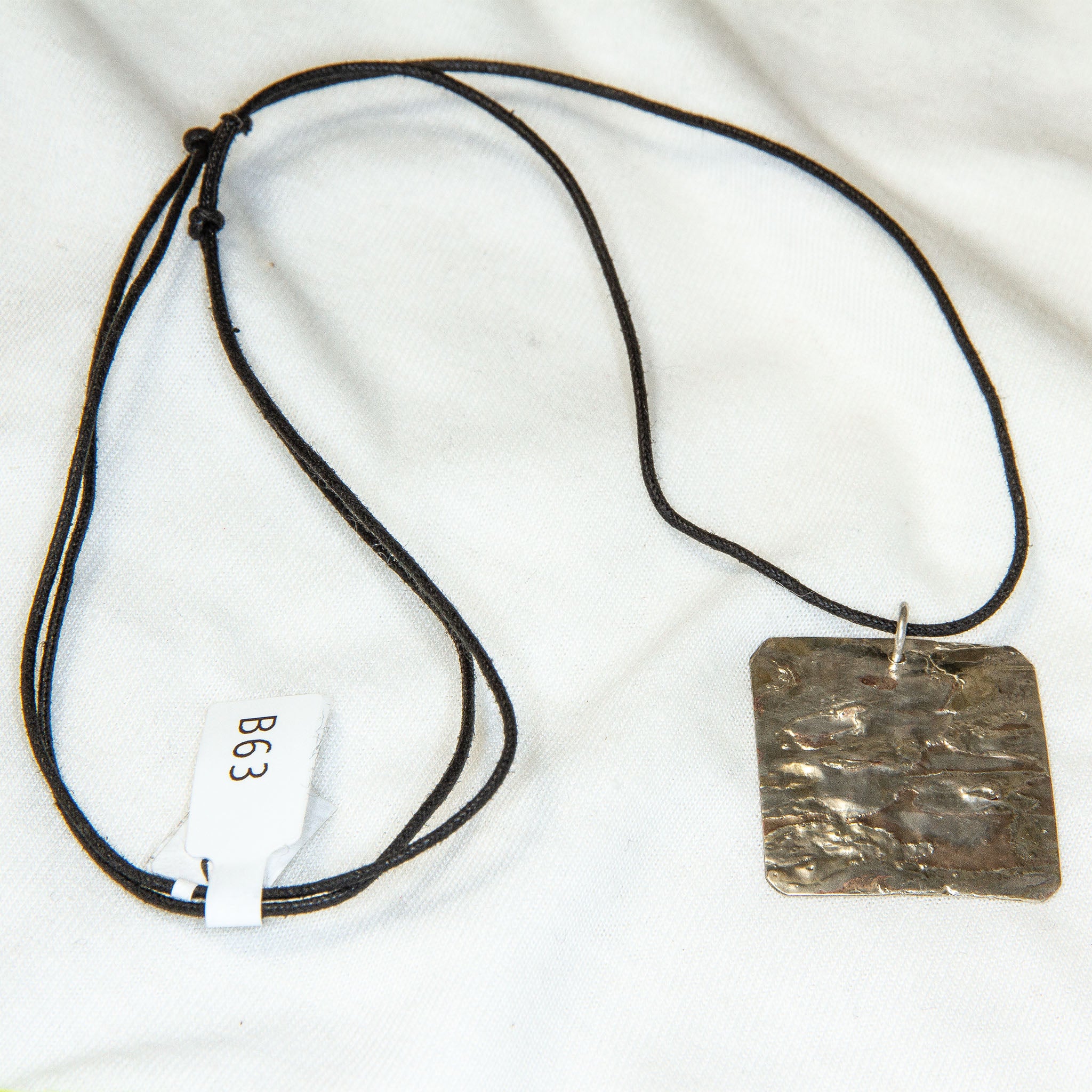 Artisan Mokume Gane Mixed Metal Square Pendant (925 Silver & Copper) on Black Cord Secondary image