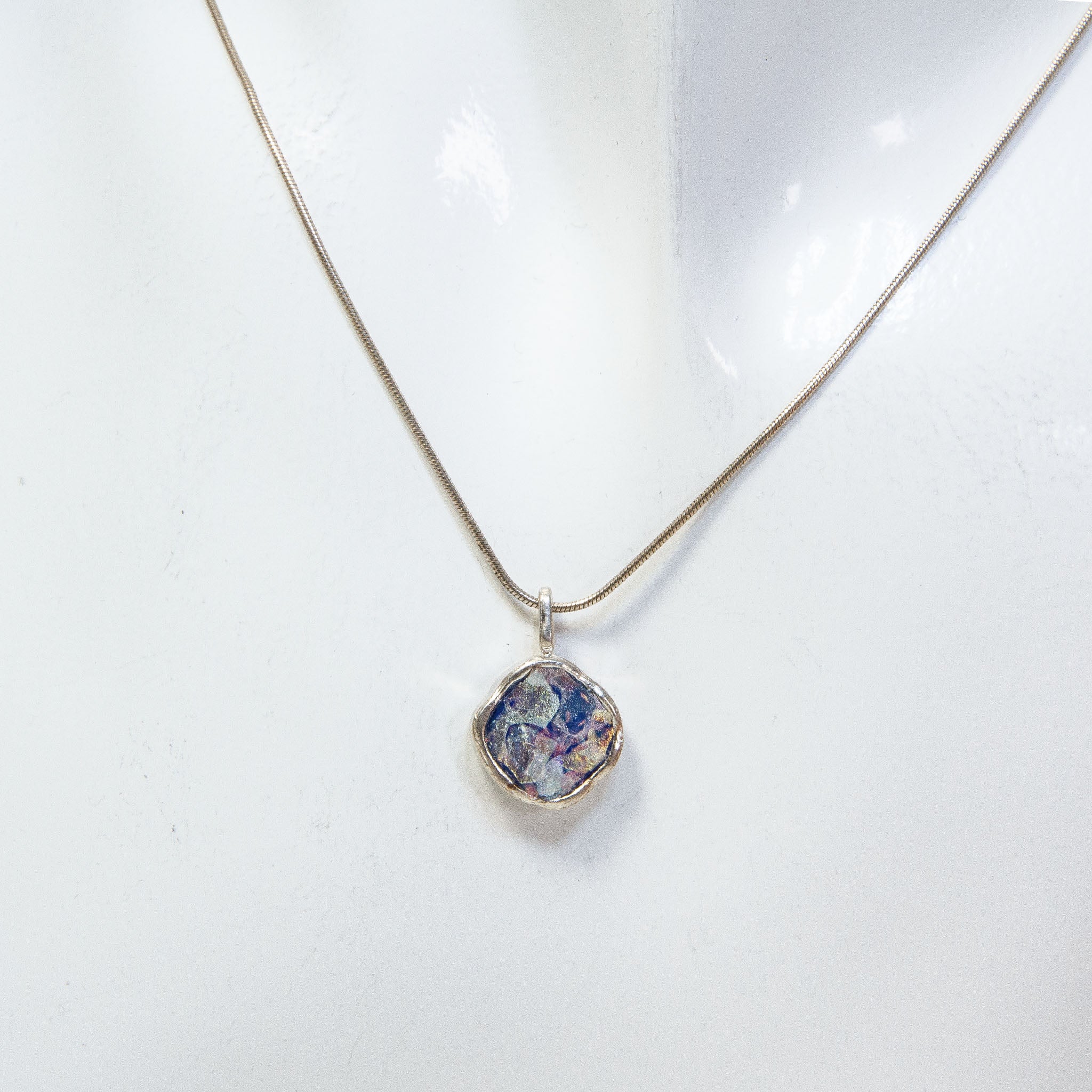 Artisan 925 Sterling Silver & Iridescent Roman Glass Pendant Necklace - 16" Main image