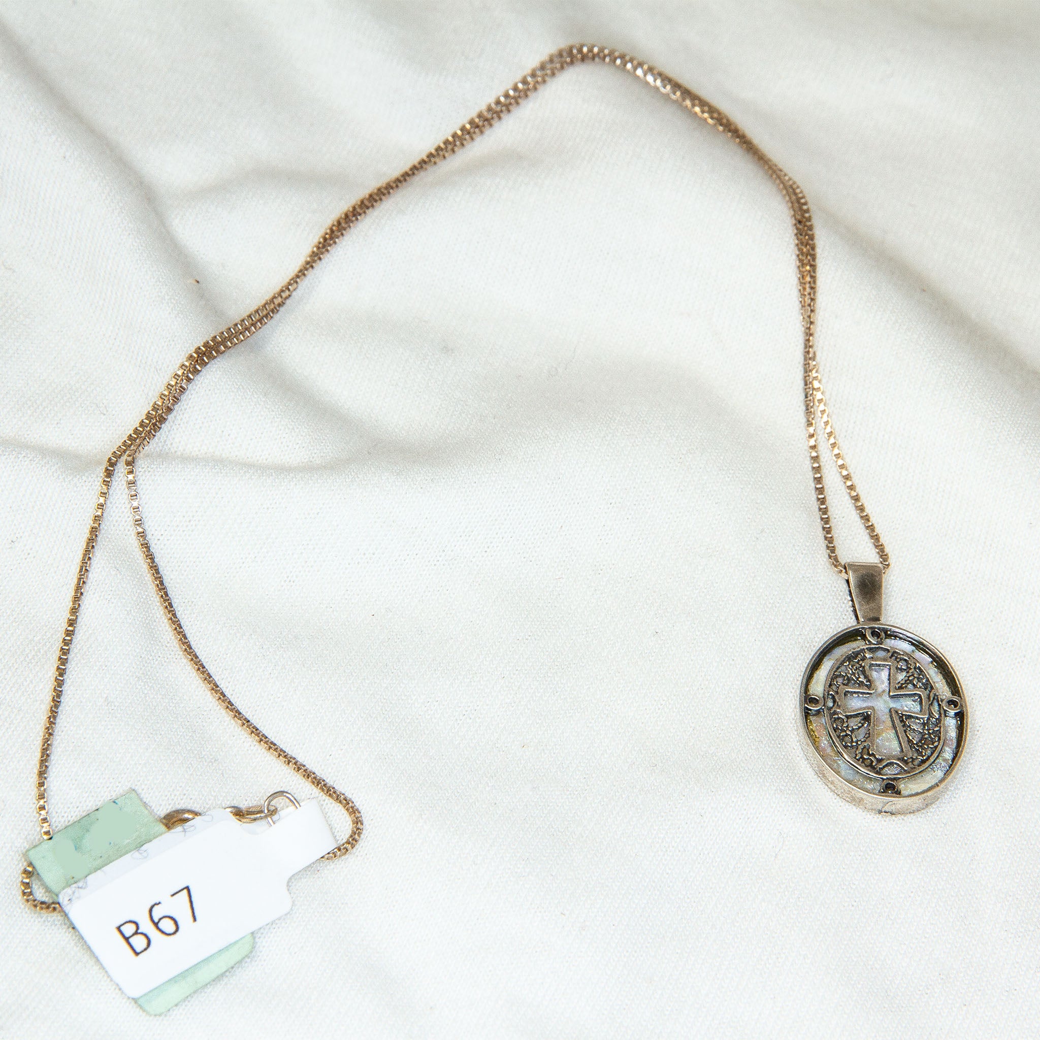 18" 925 Sterling Silver & Roman Glass Filigree Cross Pendant Necklace