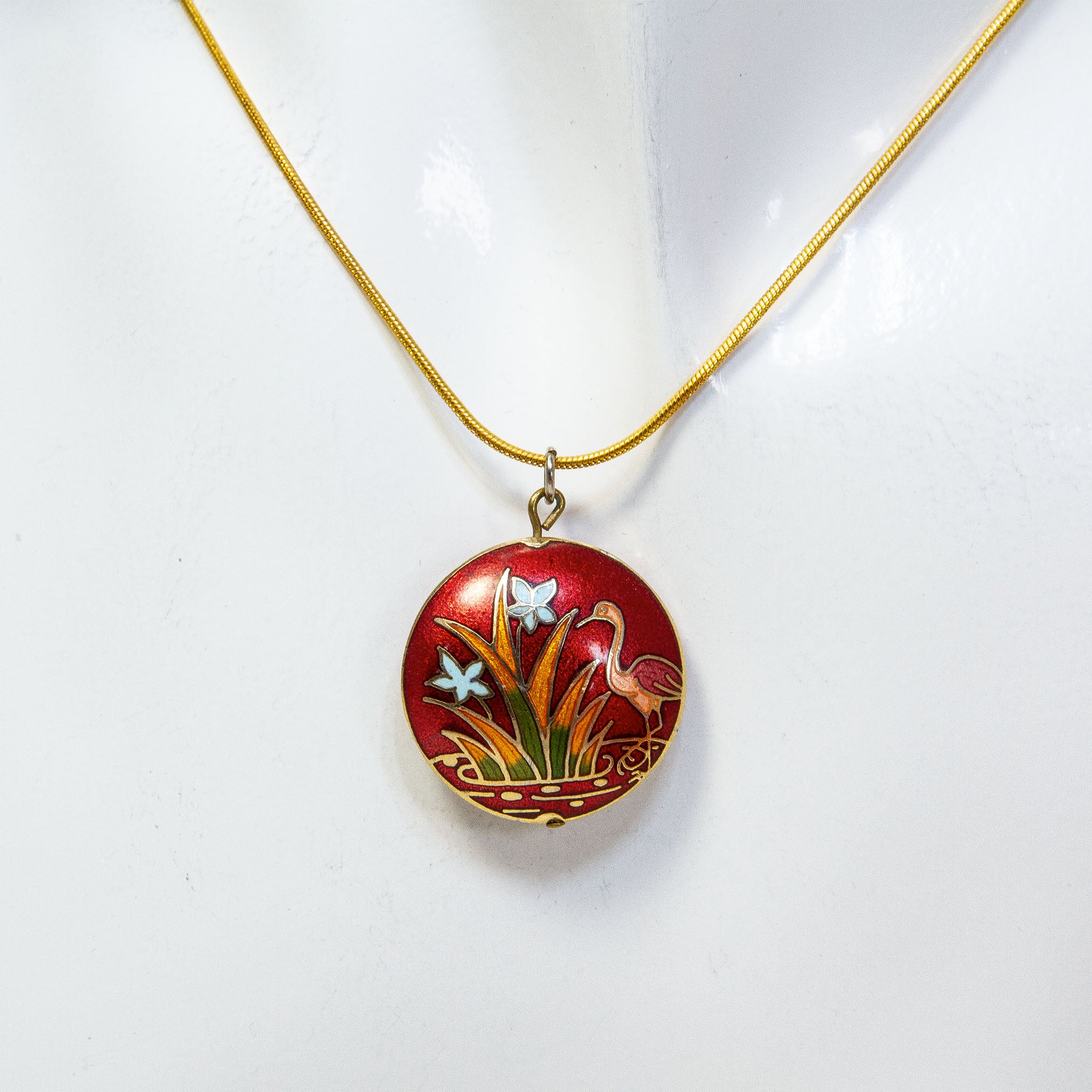 18" Gold-Plated Reversible Red Enamel Heron Disc Pendant Necklace Main image