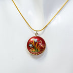 18" Gold-Plated Reversible Red Enamel Heron Disc Pendant Necklace