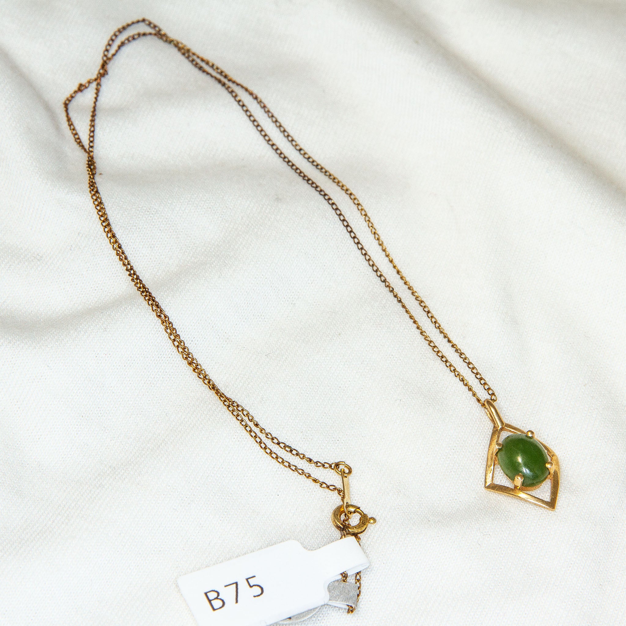Gold-Plated 7x9mm Green Jade Cabochon Pendant & Gold-Filled Chain