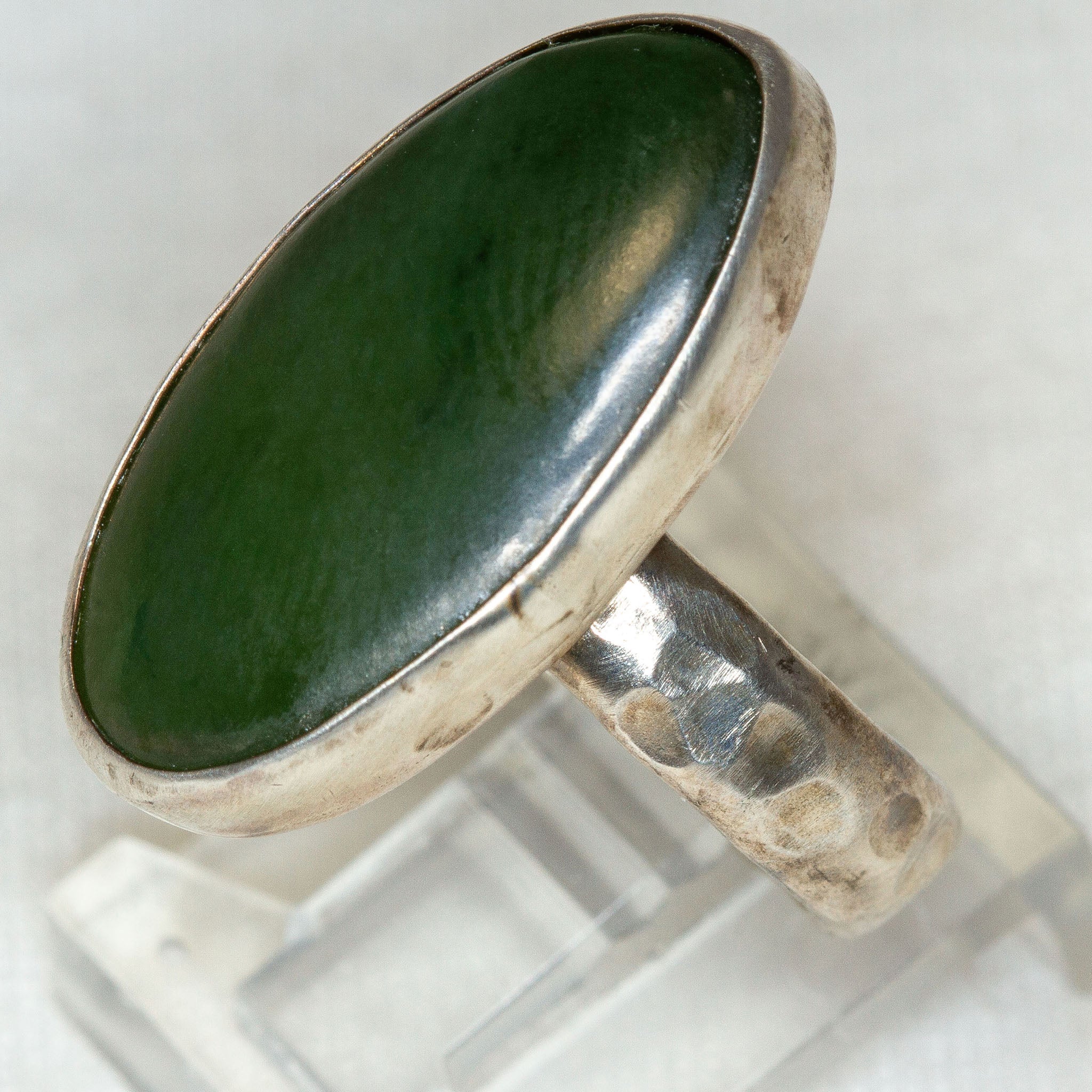 925 Sterling Silver Oval Green Jade Ring - 13x18mm Bezel Set Cabochon, Size 5.5