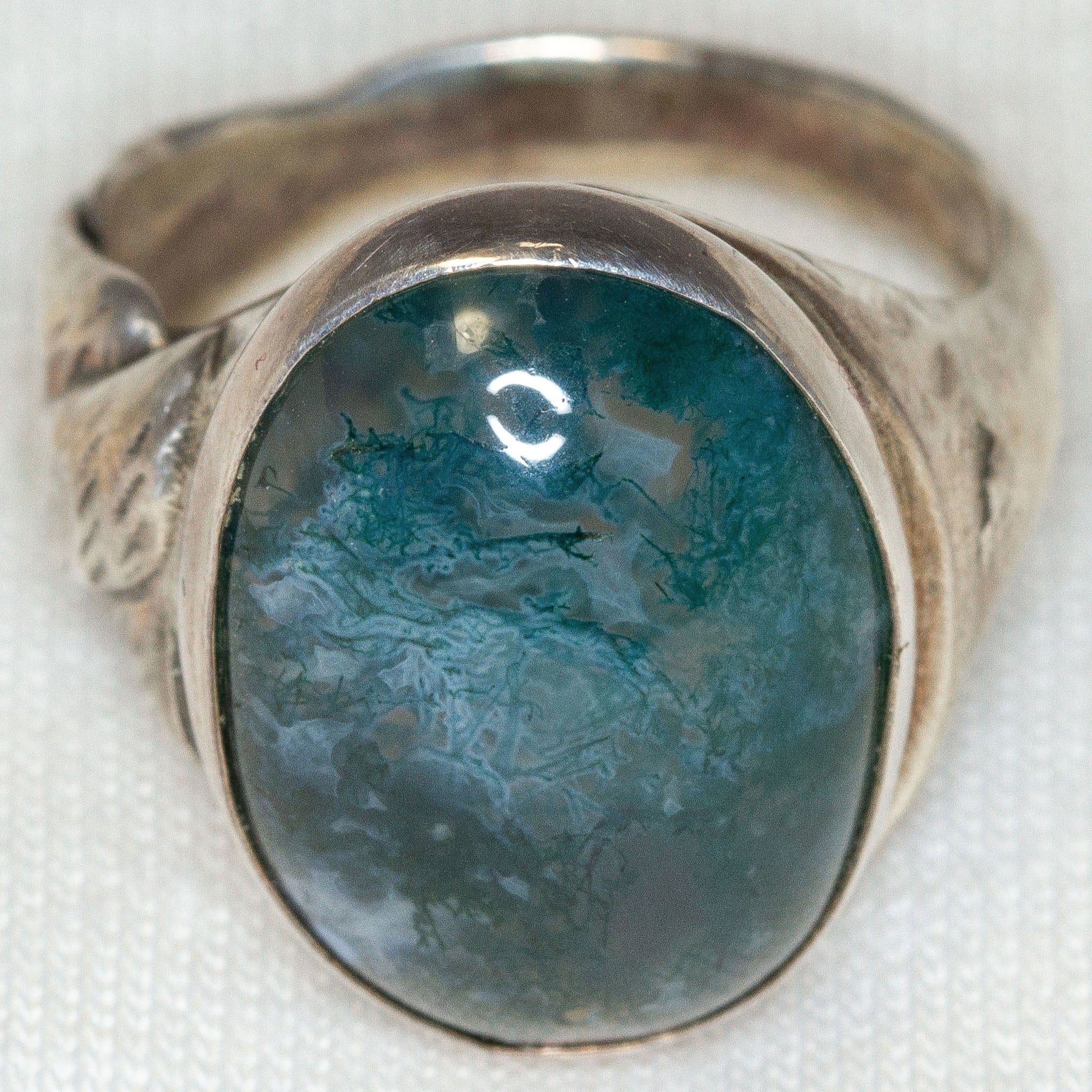 925 Sterling Silver Oval Moss Agate Ring - 13x17mm Bezel Set Cabochon, Size 6