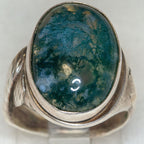 925 Sterling Silver Oval Moss Agate Ring - 13x17mm Bezel Set Cabochon, Size 6