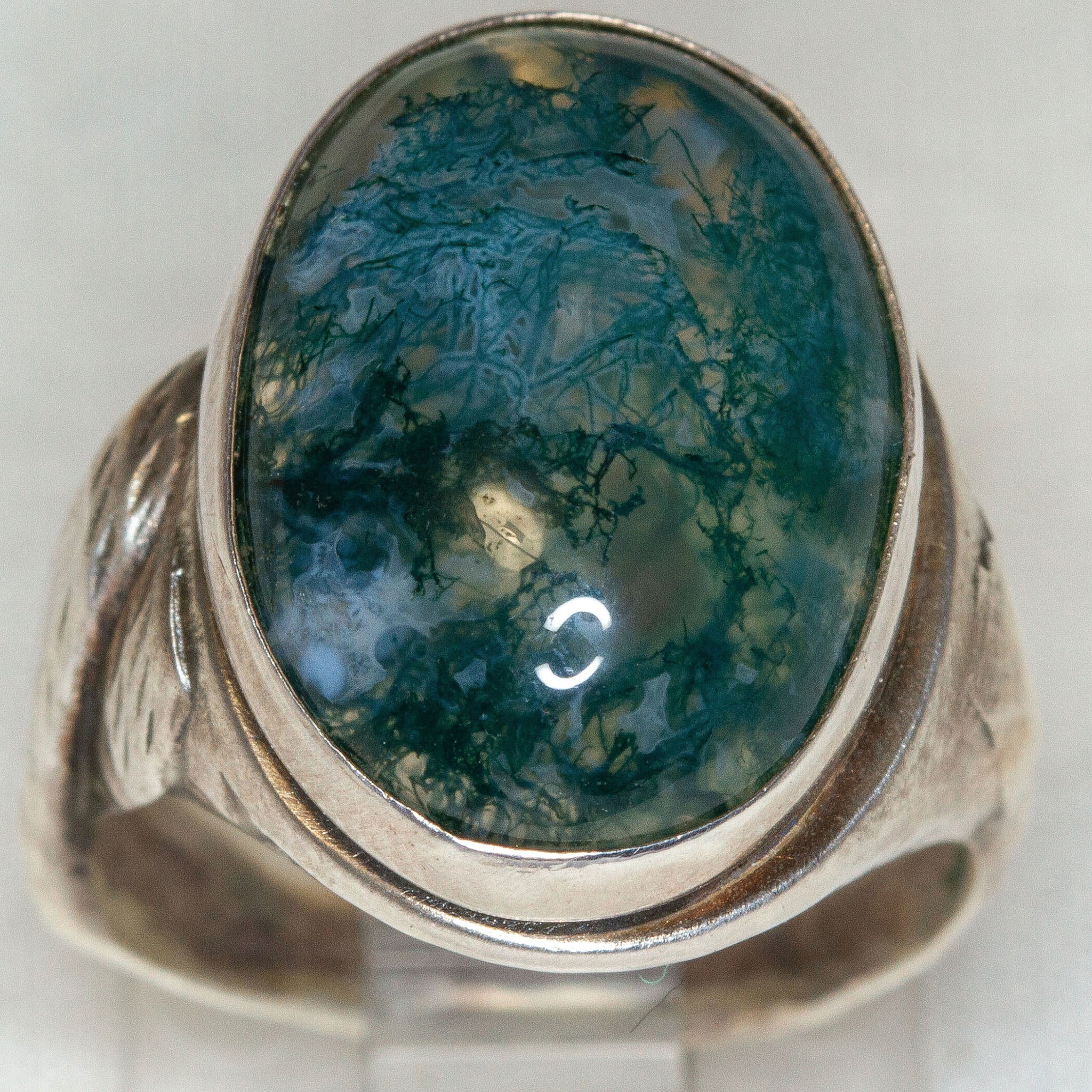 925 Sterling Silver Oval Moss Agate Ring - 13x17mm Bezel Set Cabochon, Size 6