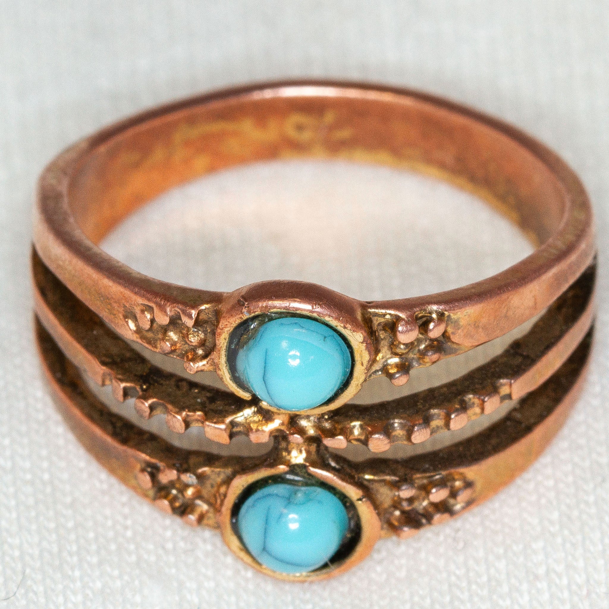 Artisan Copper Triple Band Ring with Twin Turquoise Cabochons - Size 7