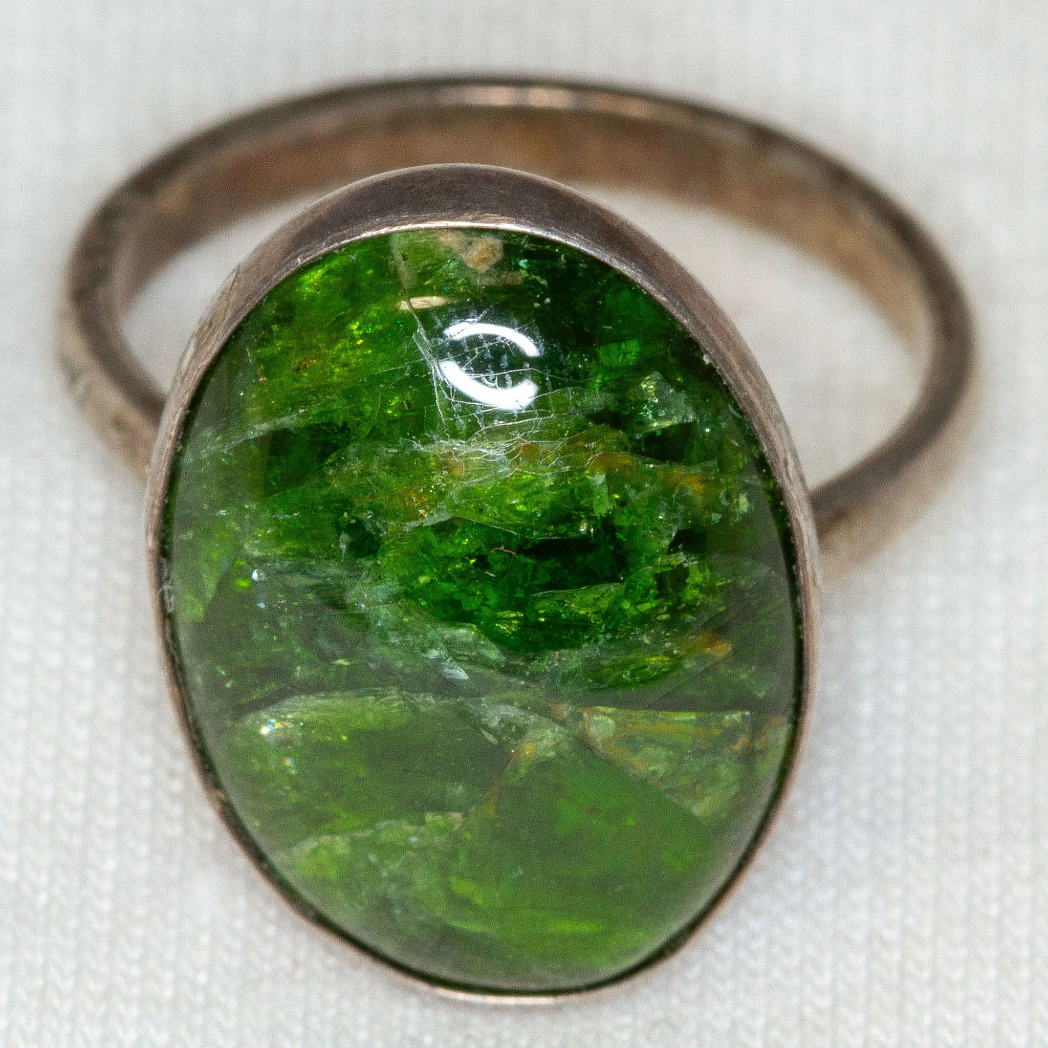 Artisan 925 Sterling Silver Green Diopside Ring - 14x18mm Oval Cabochon, Size 6.5