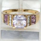 Vintage 10K Yellow Gold Cushion-Cut Amethyst & Diamond Accent Ring - Size 7