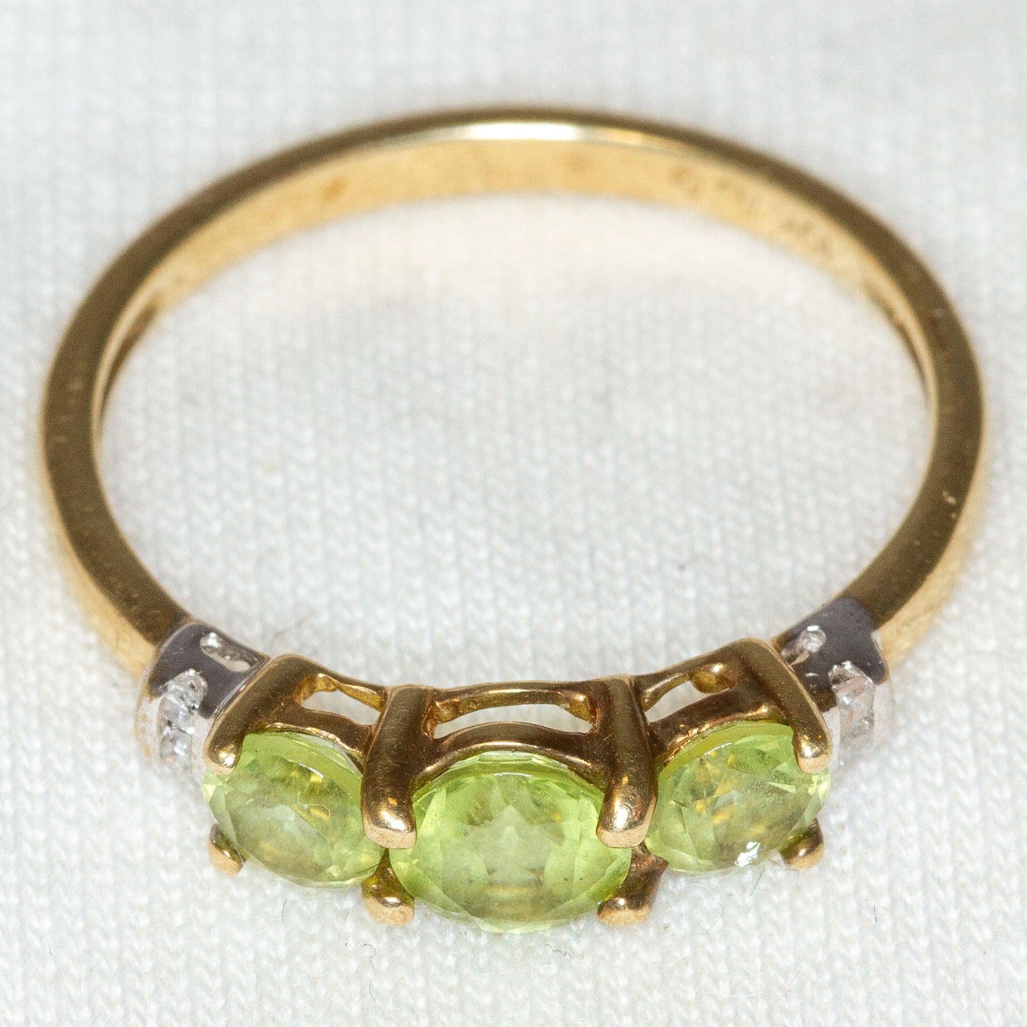 10K Yellow Gold Three-Stone Peridot & Diamond Accent Ring - Size 6.5