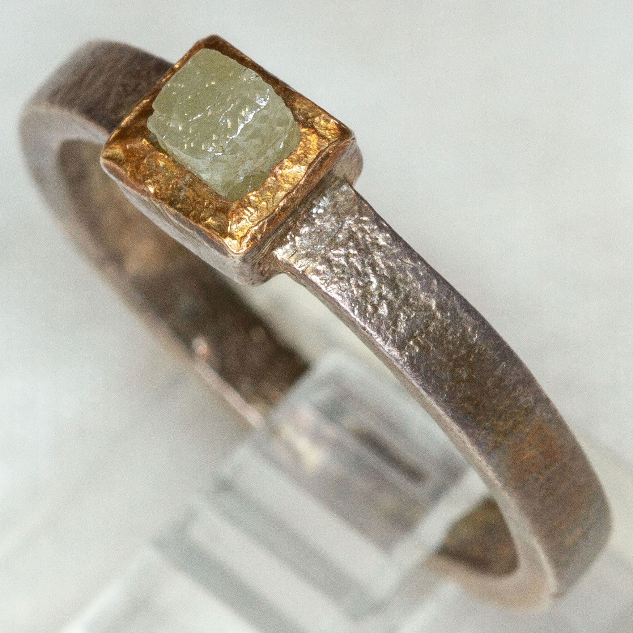 Artisan Mixed Metal 925 Silver & 10K Gold Raw Diamond Ring - Size 6.25