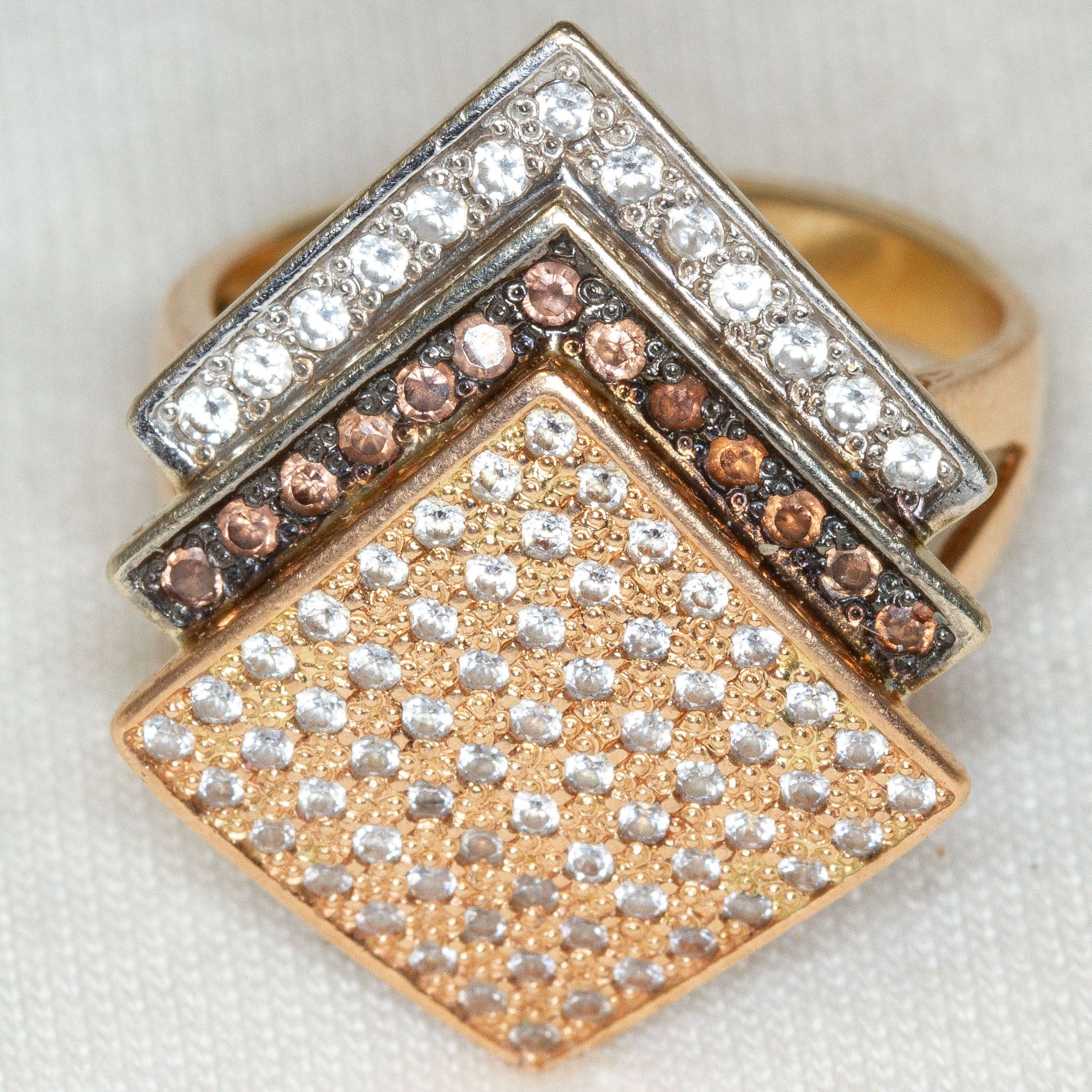 14k Yellow Gold Geometric Multi-Tone CZ Statement Ring - size 7.5