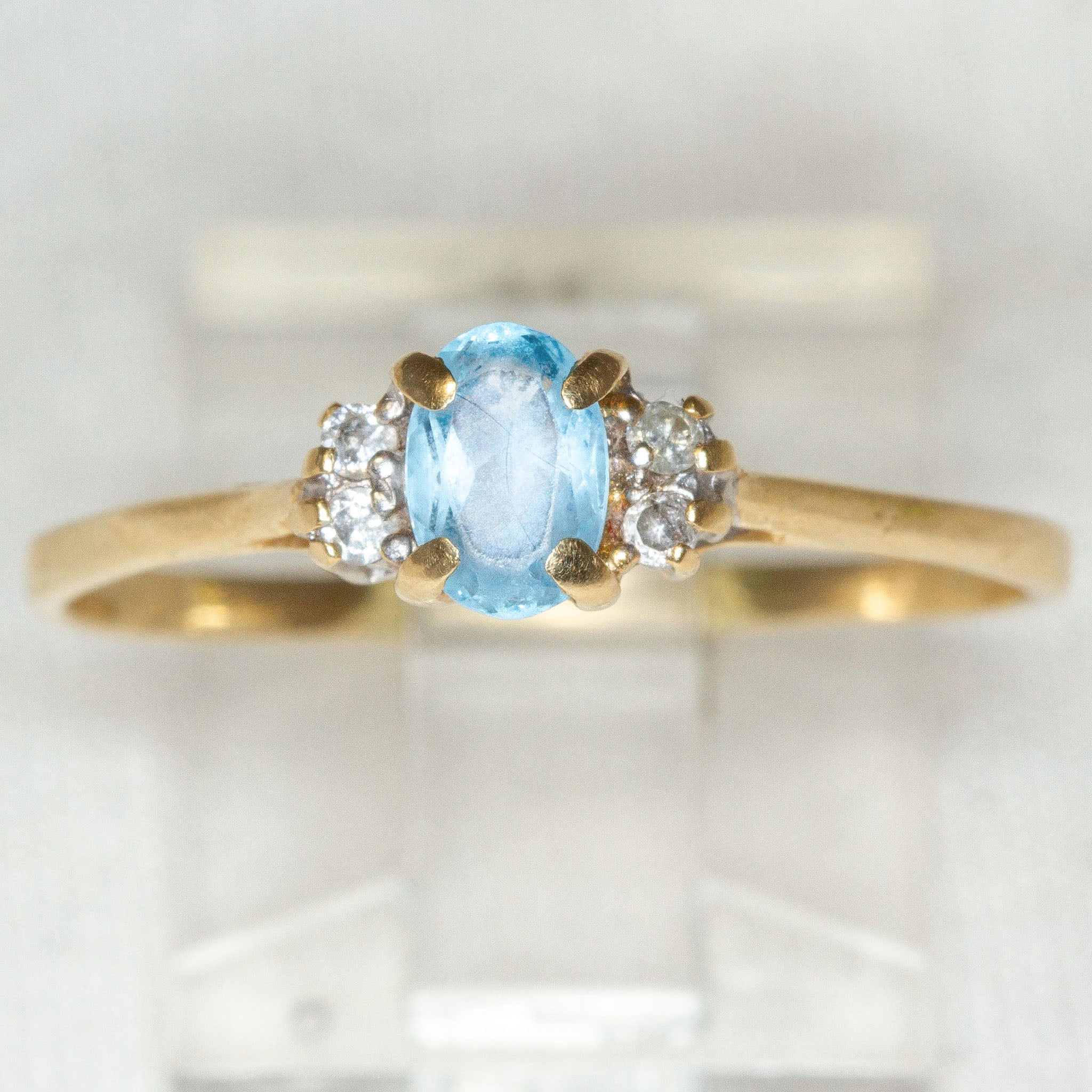 14k Yellow Gold Blue Topaz and Diamond Ring - Size 10
