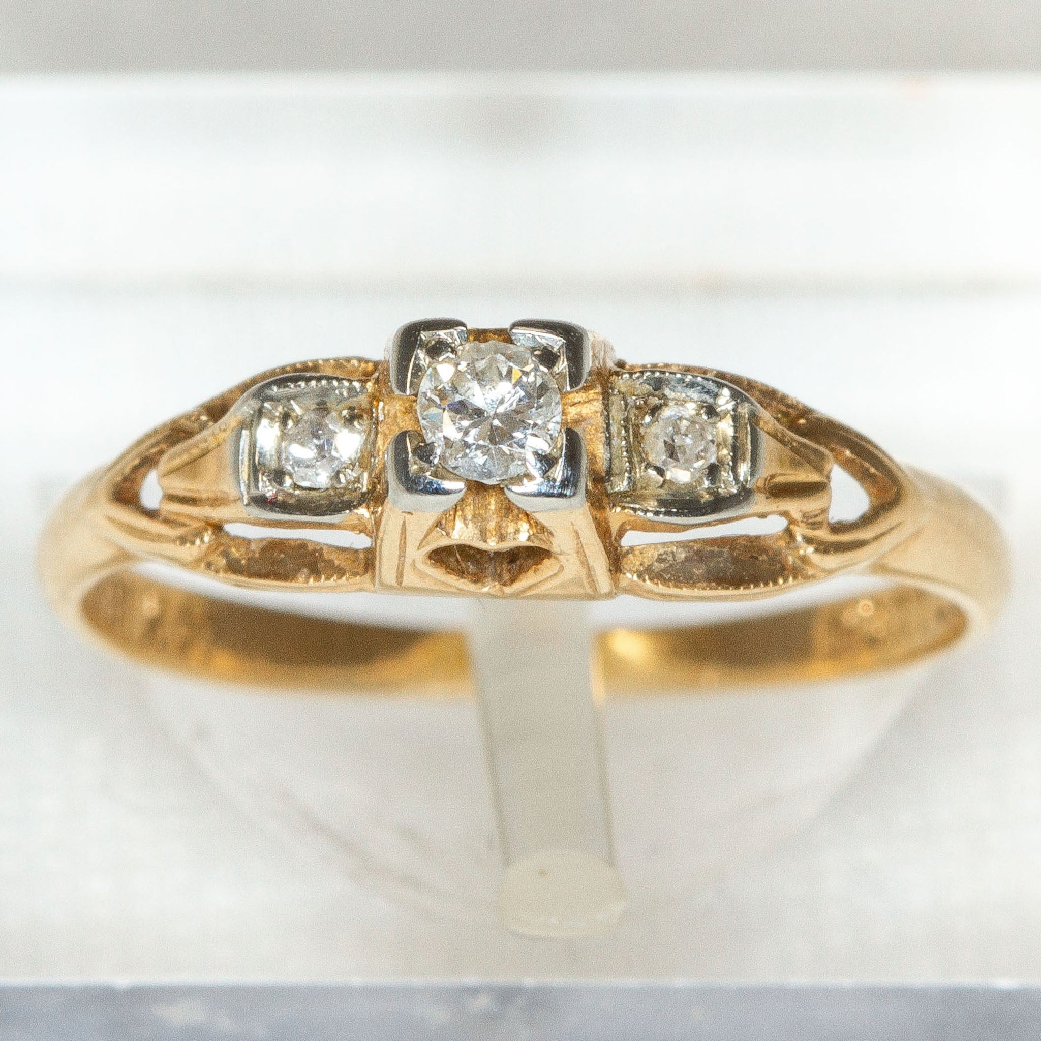 Vintage 14k Yellow Gold Diamond Three-Stone Ring - .032ctw, Size 2 3/4