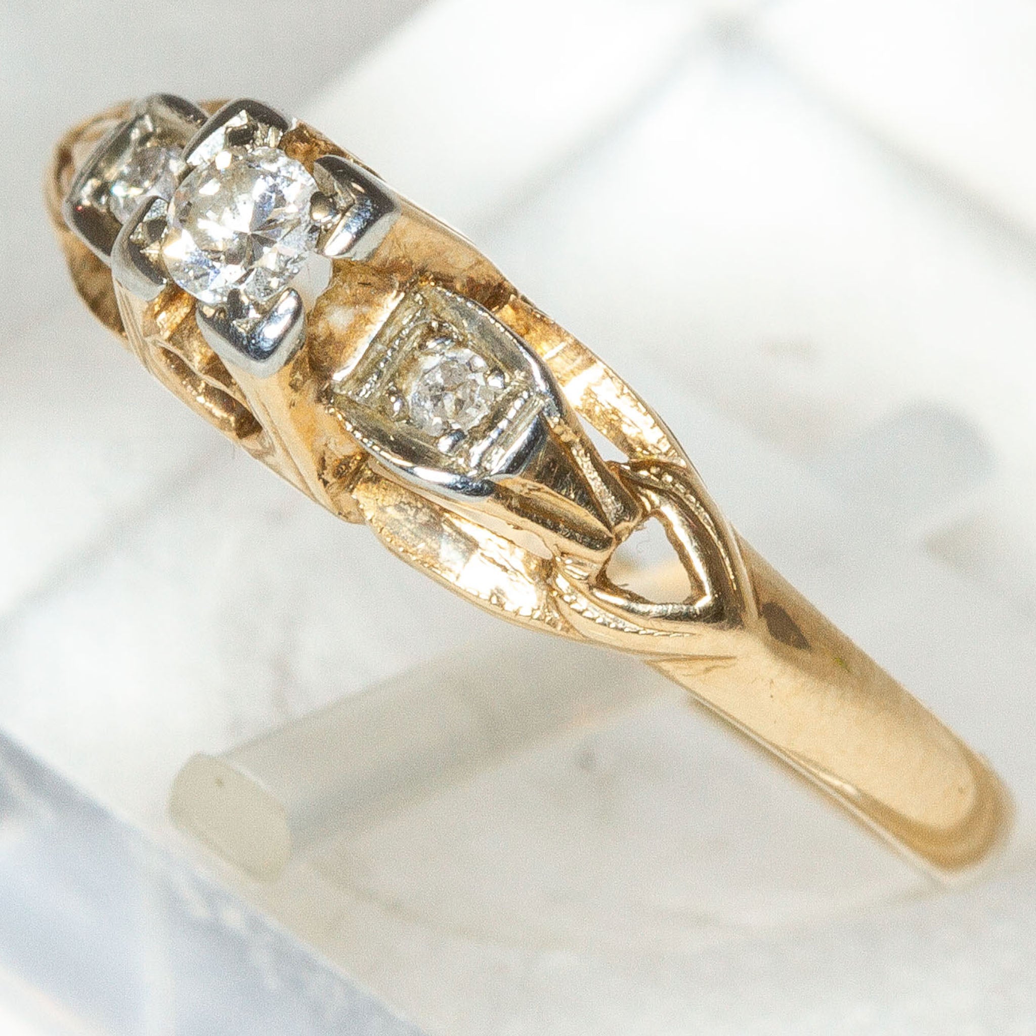 Vintage 14k Yellow Gold Diamond Three-Stone Ring - .032ctw, Size 2 3/4