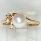 14k Yellow Gold Pearl and Diamond Accent Ring - Size 8