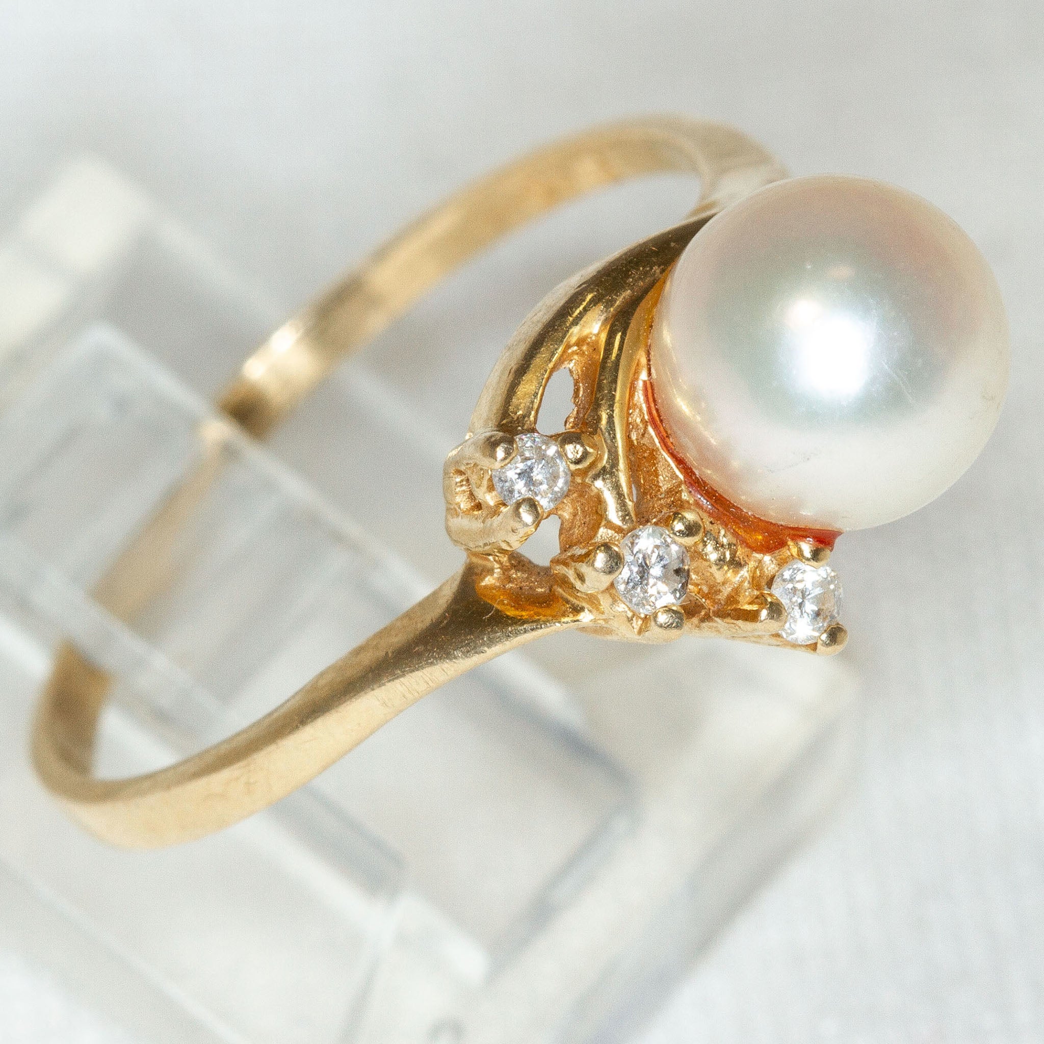 14k Yellow Gold Pearl and Diamond Accent Ring - Size 8