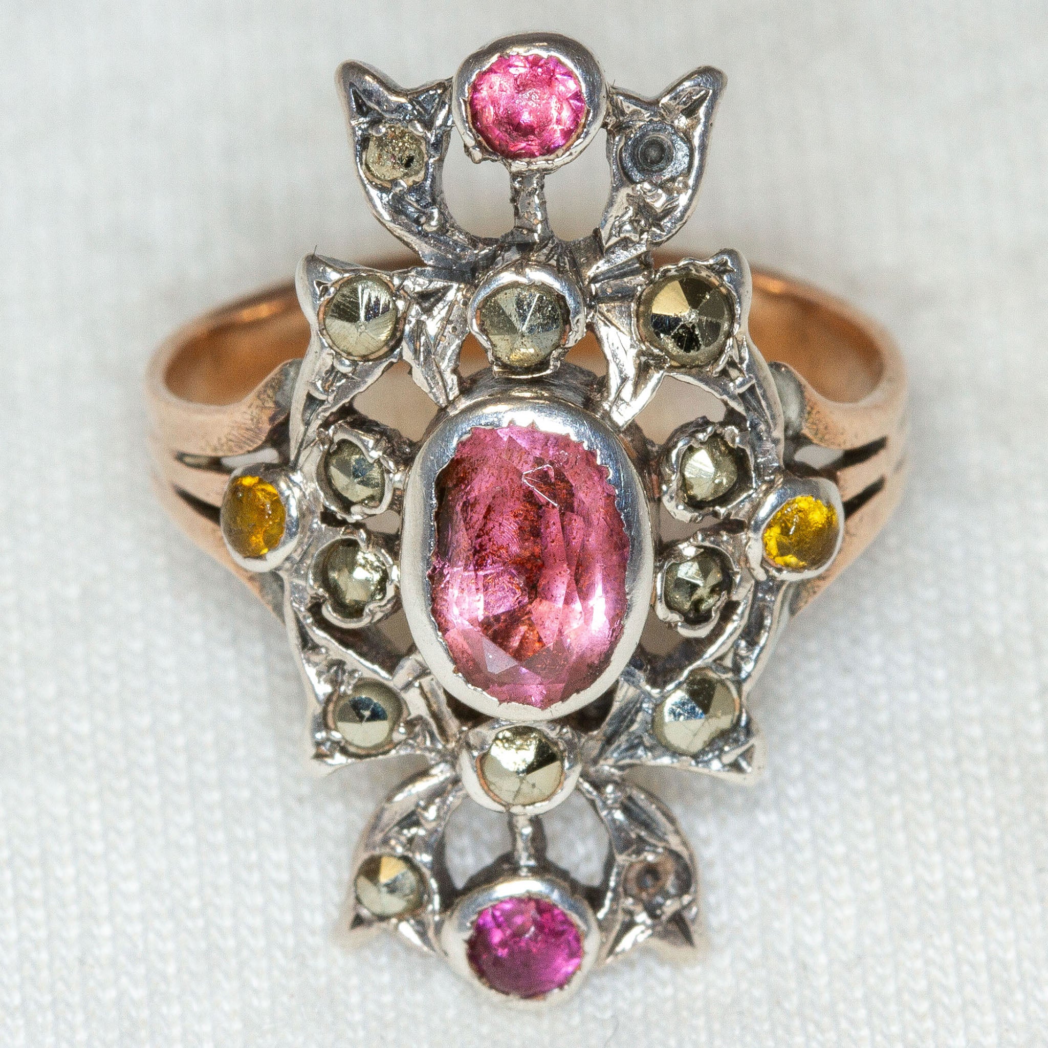 Vintage Victorian-Style Pink Sapphire and Marcasite Ring - 10k Gold