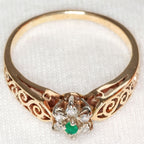 Vintage 10k Gold Floral Cluster Ring with Emerald and Diamonds
