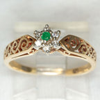 Vintage 10k Gold Floral Cluster Ring with Emerald and Diamonds