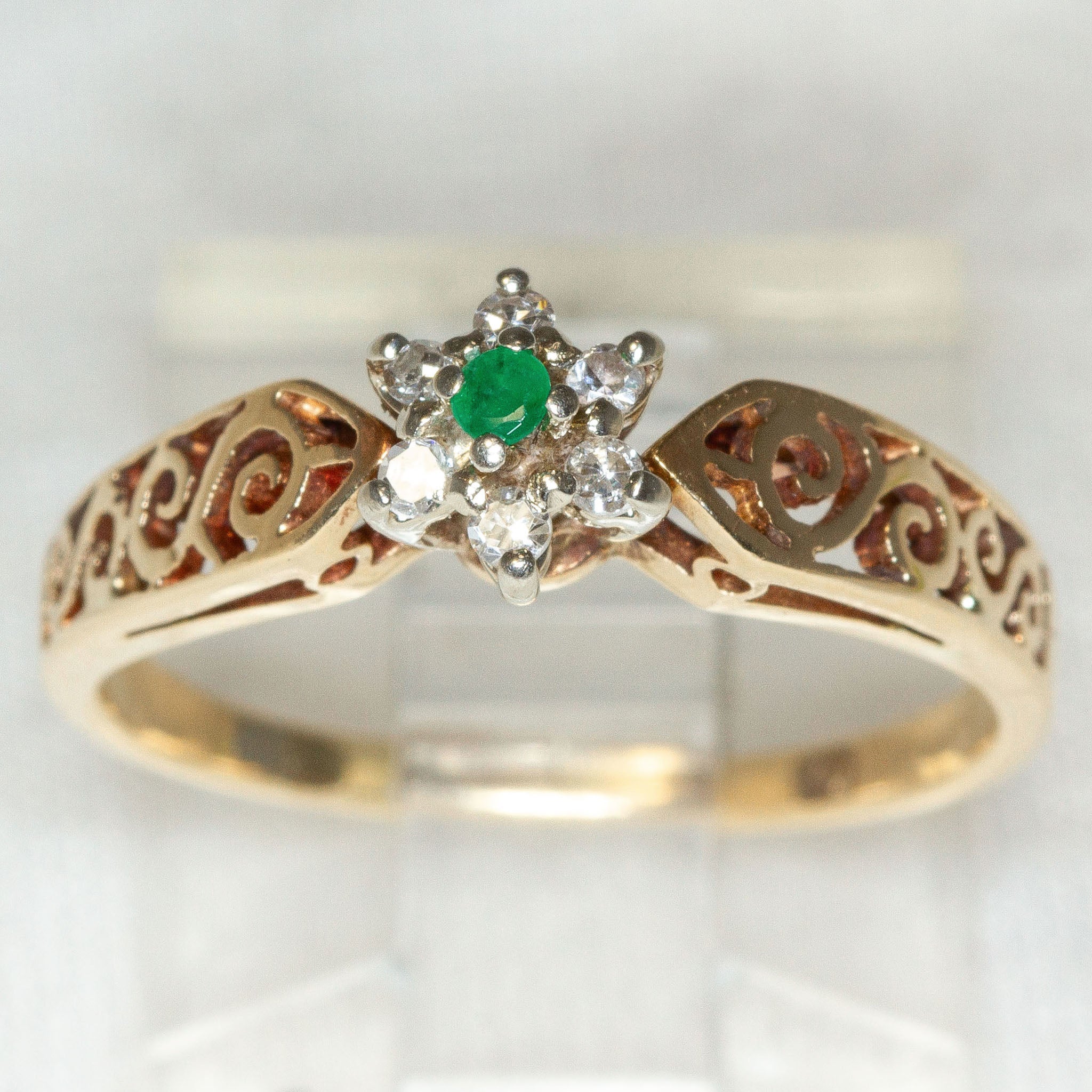 Vintage 10k Gold Floral Cluster Ring with Emerald and Diamonds