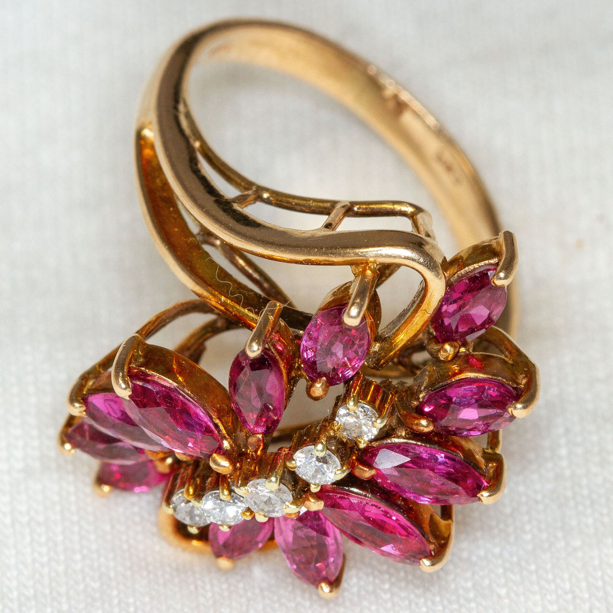 Floral Marquise Ruby and Diamond Cocktail Ring in 14k Gold