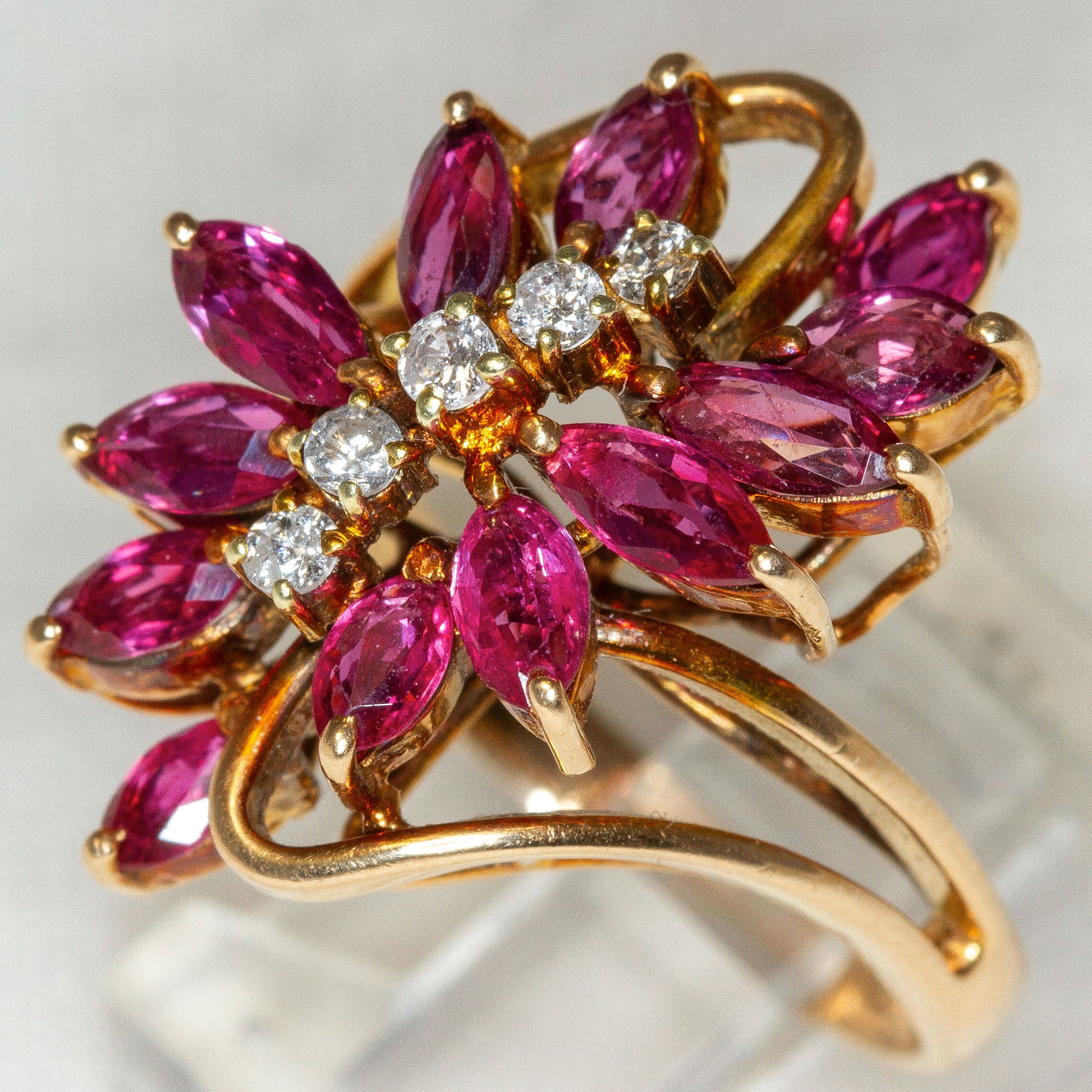 Floral Marquise Ruby and Diamond Cocktail Ring in 14k Gold