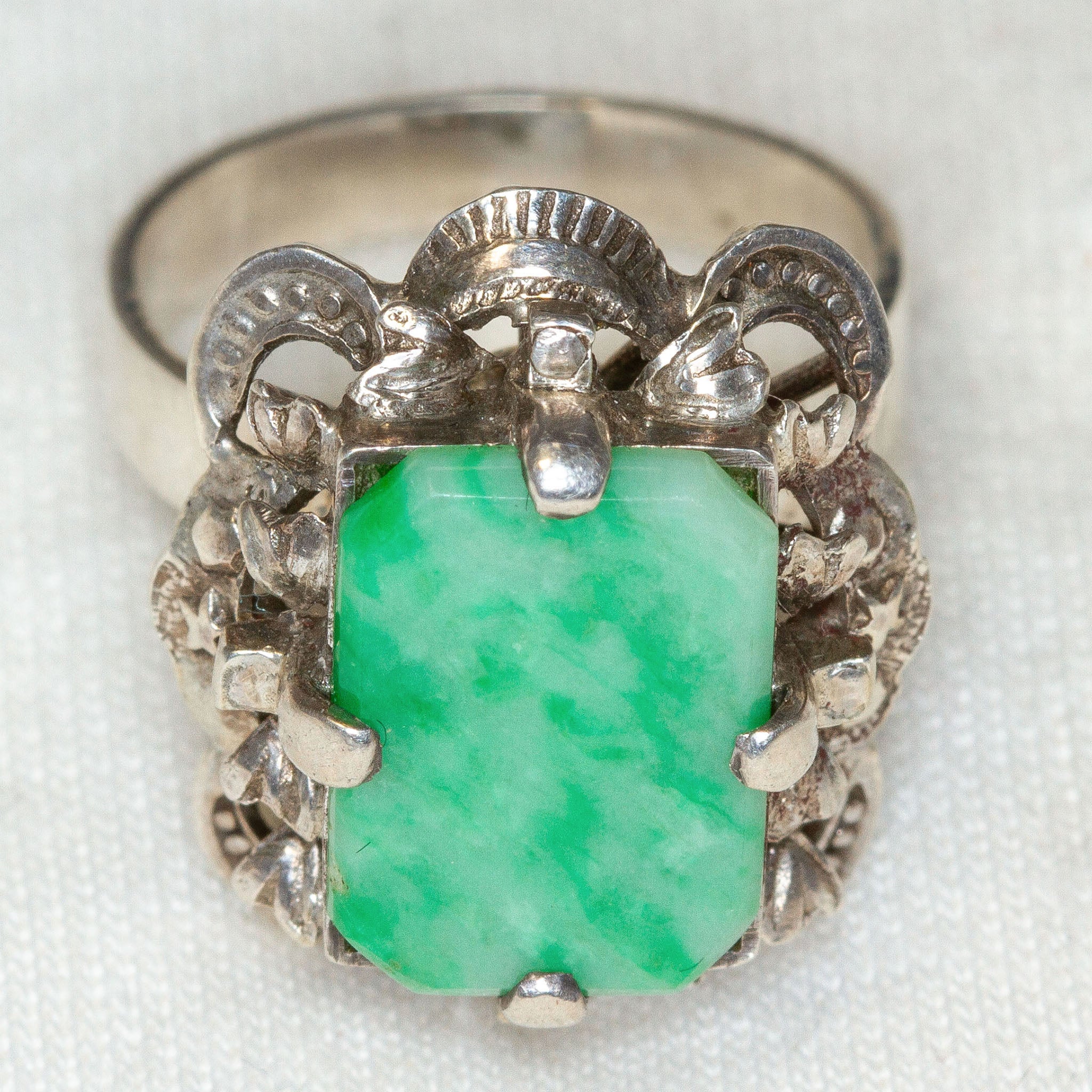 Ornate Vintage Jade Statement Ring in 18k White Gold