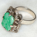 Ornate Vintage Jade Statement Ring in 18k White Gold