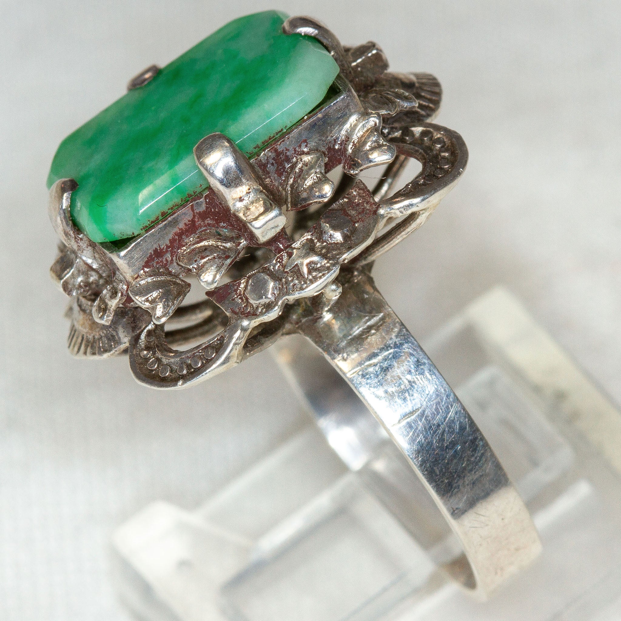 Ornate Vintage Jade Statement Ring in 18k White Gold