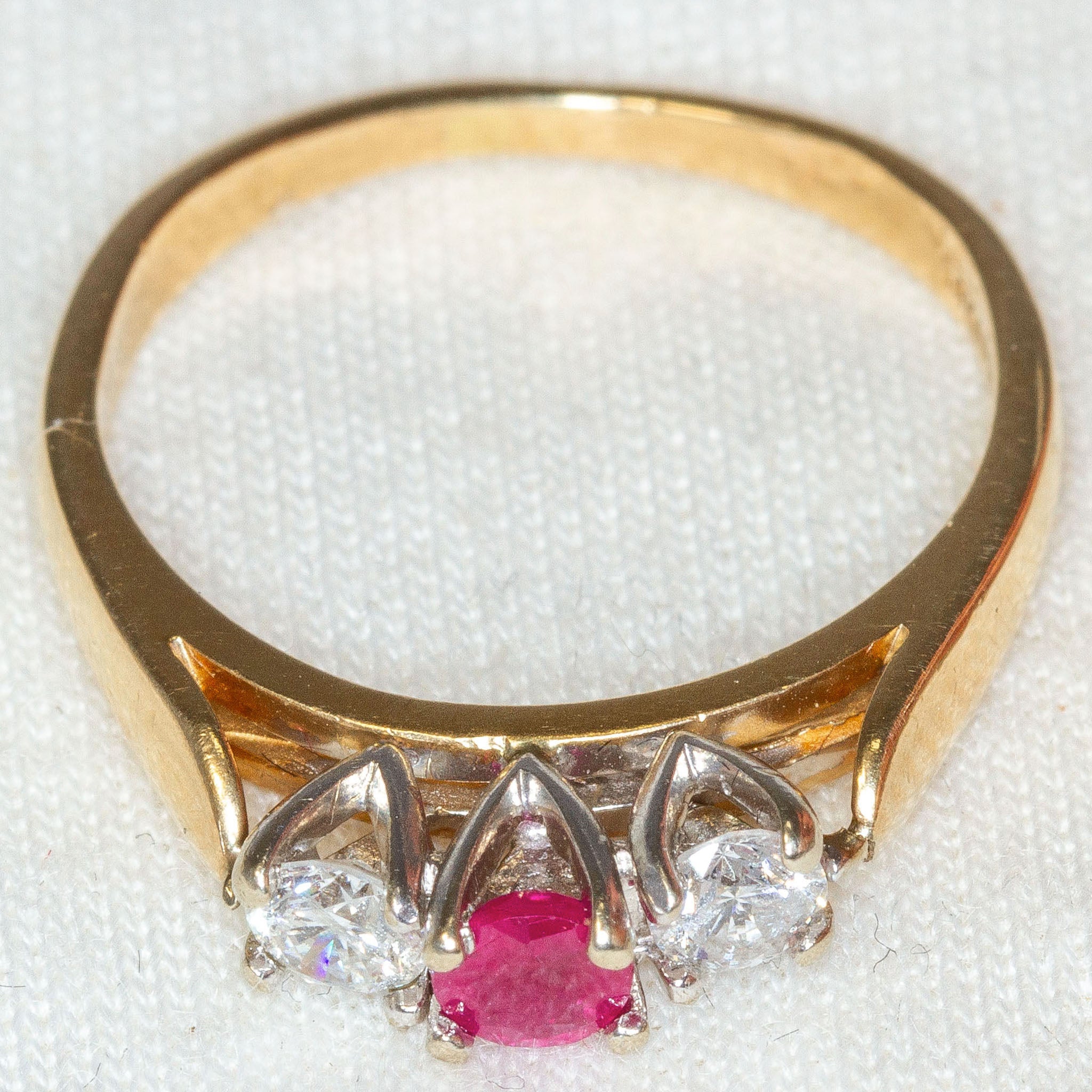 Classic Three-Stone 14k Yellow Gold Ruby and Diamond Ring - Size 6