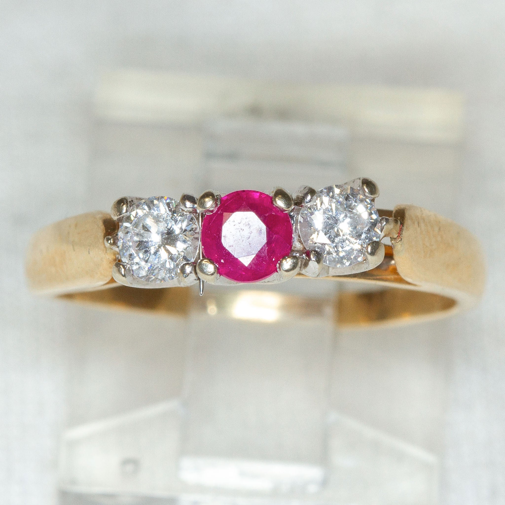 Classic Three-Stone 14k Yellow Gold Ruby and Diamond Ring - Size 6